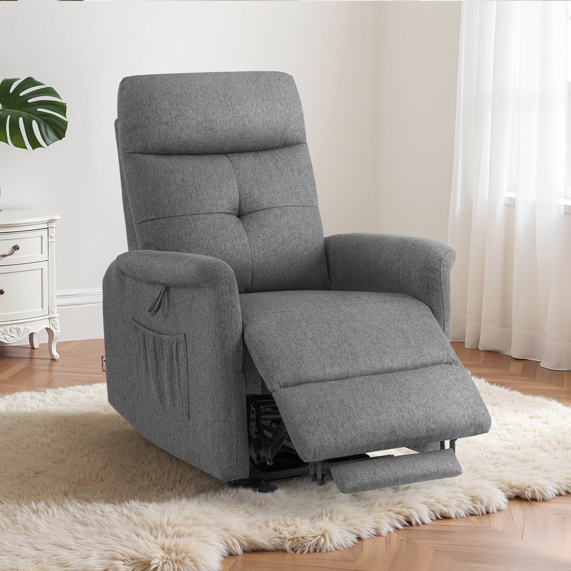 M MCombo Fernsehsessel Elektrisch Verstellbar, Relaxsessel mit Liegefunktion, Recliner Chair, Seitentasche & Haltebänder,  Sessel Wohnzimmer, 7089 (Grau)