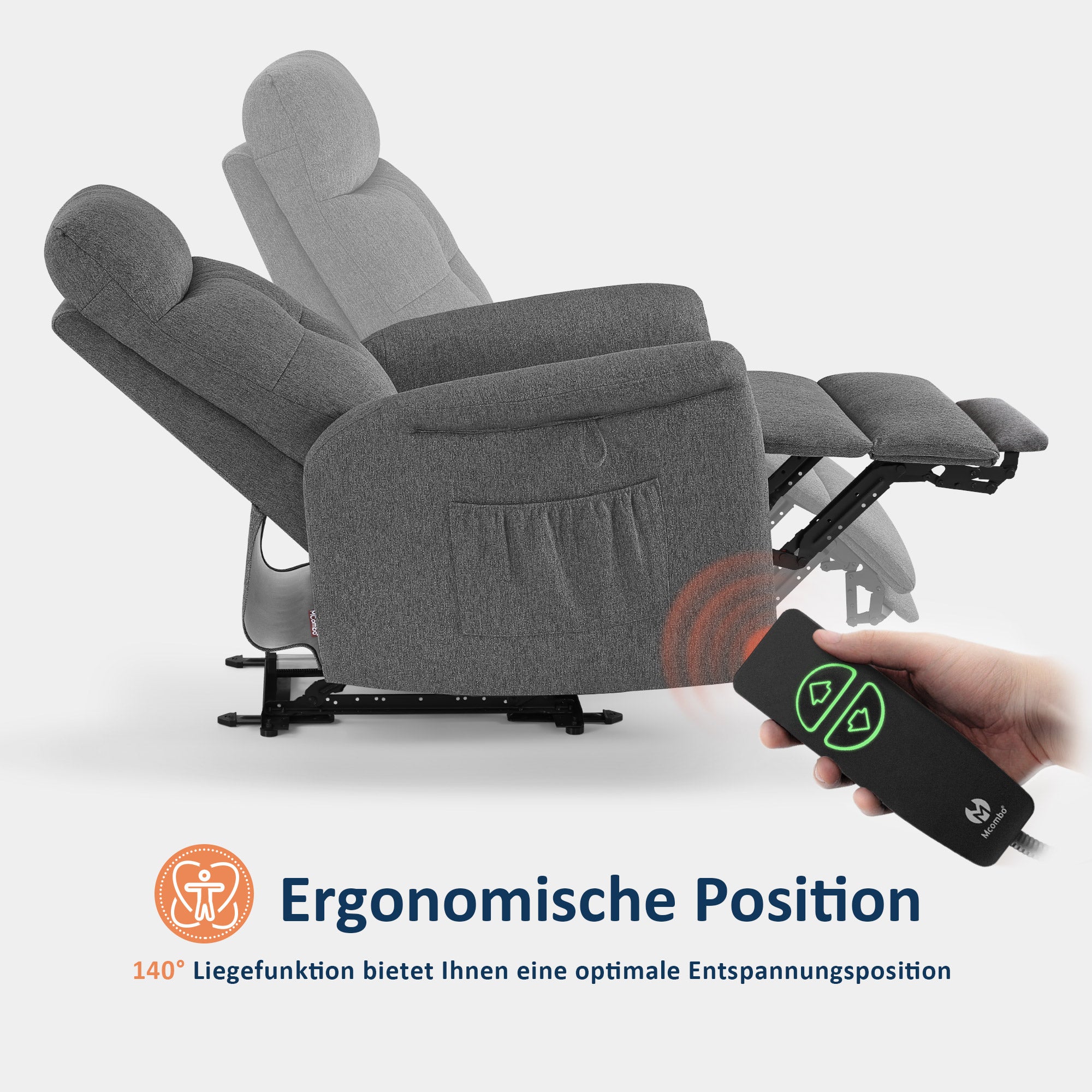 M MCombo Fernsehsessel Elektrisch Verstellbar, Relaxsessel mit Liegefunktion, Recliner Chair, Seitentasche & Haltebänder,  Sessel Wohnzimmer, 7089 (Grau)