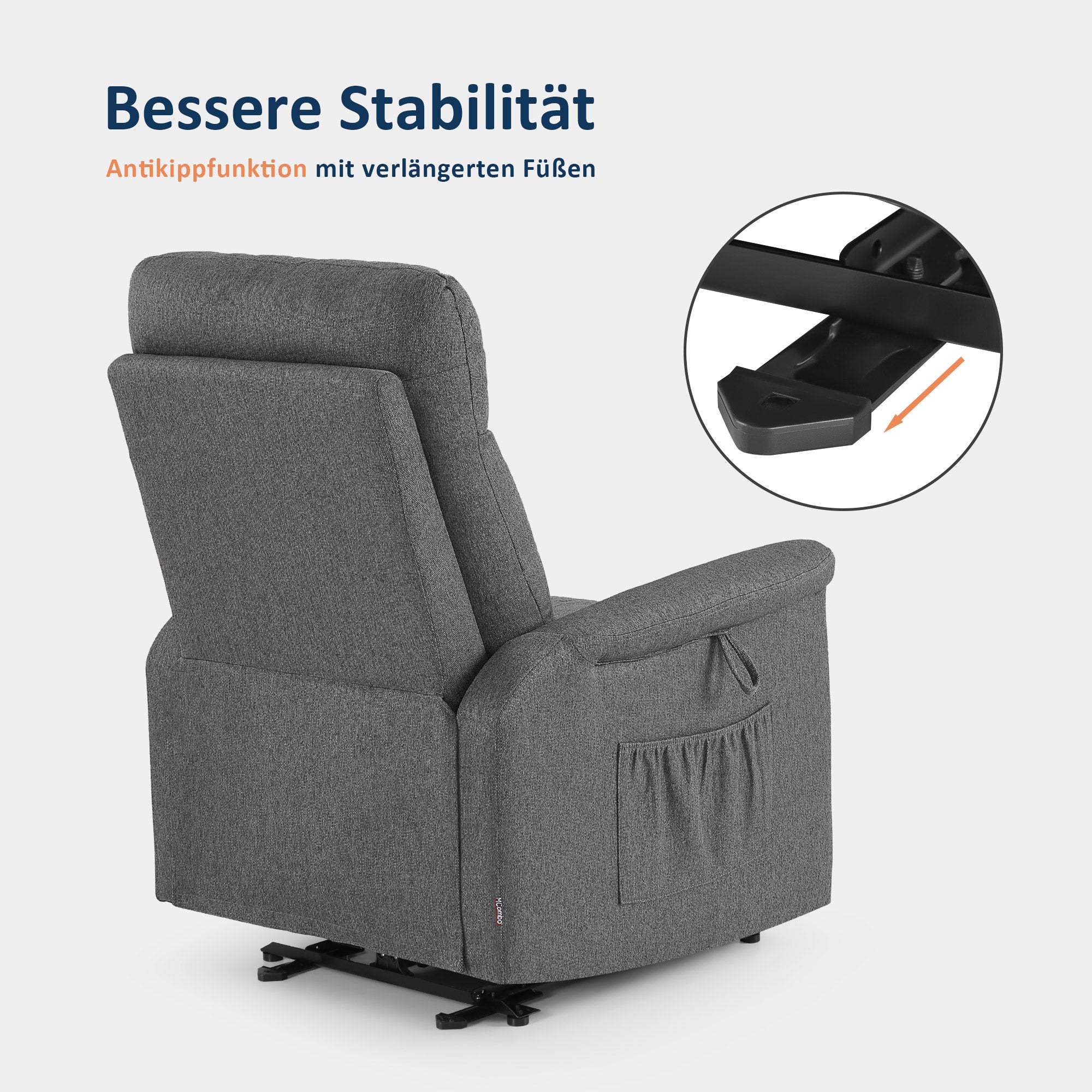 M MCombo Fernsehsessel Elektrisch Verstellbar, Relaxsessel mit Liegefunktion, Recliner Chair, Seitentasche & Haltebänder,  Sessel Wohnzimmer, 7089 (Grau)