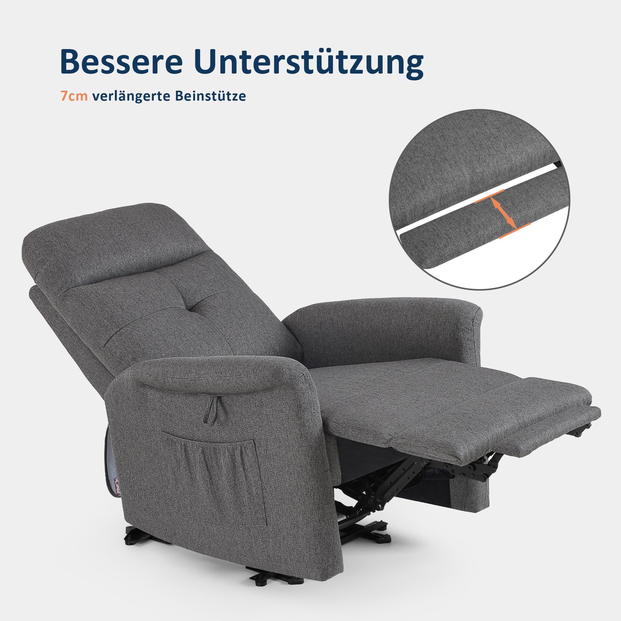 M MCombo Fernsehsessel Elektrisch Verstellbar, Relaxsessel mit Liegefunktion, Recliner Chair, Seitentasche & Haltebänder,  Sessel Wohnzimmer, 7089 (Grau)