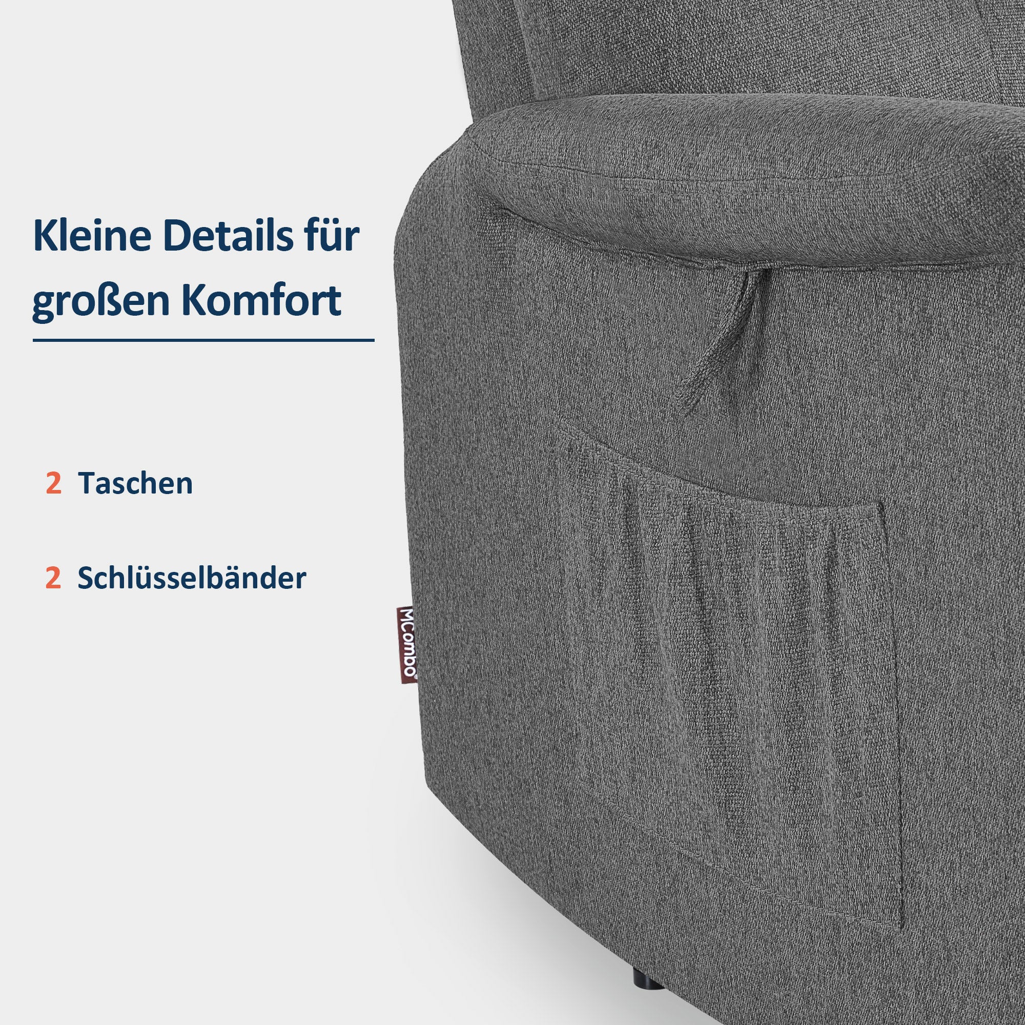 M MCombo Fernsehsessel Elektrisch Verstellbar, Relaxsessel mit Liegefunktion, Recliner Chair, Seitentasche & Haltebänder,  Sessel Wohnzimmer, 7089 (Grau)