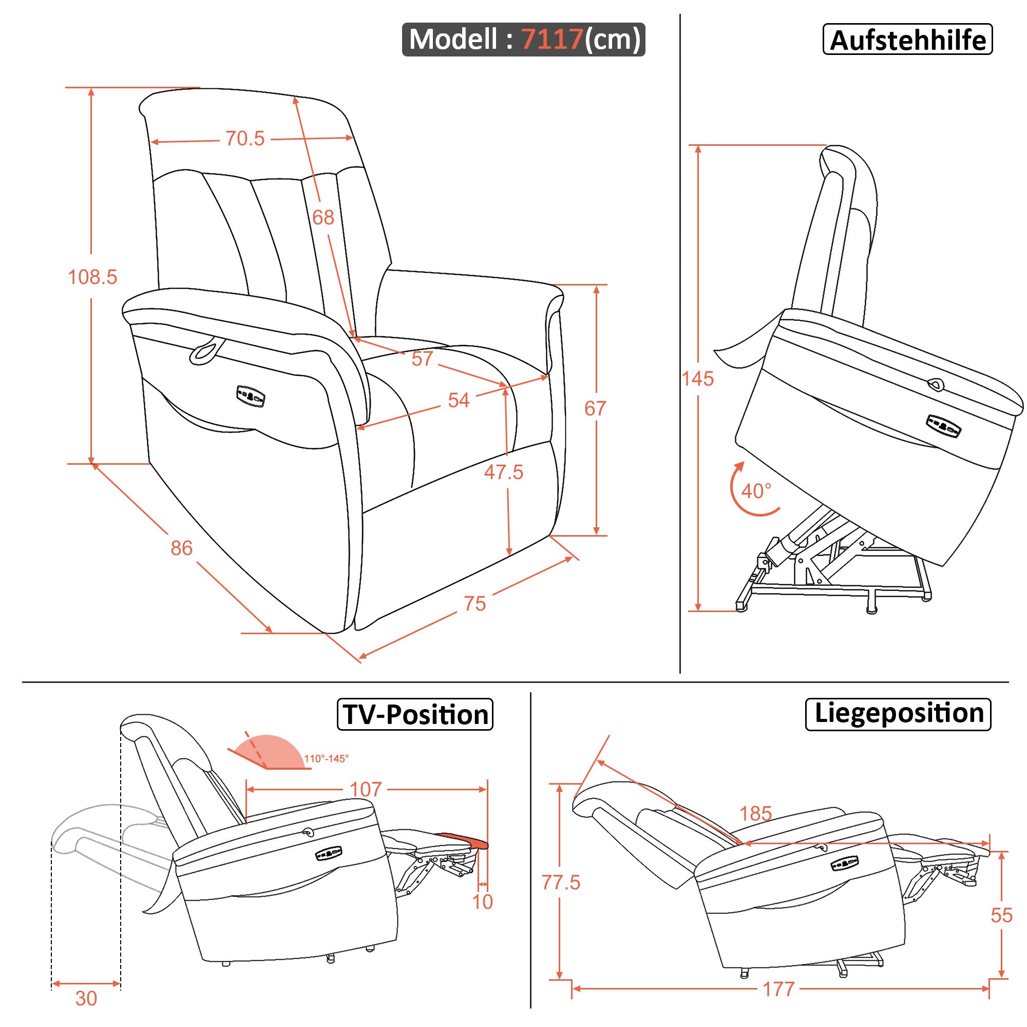 M MCombo TV chair with electric riser, armchair with riser, recliner chair with reclining function up to 145°, 35D full foam seat cushion 7117 (Chenille, Grey)