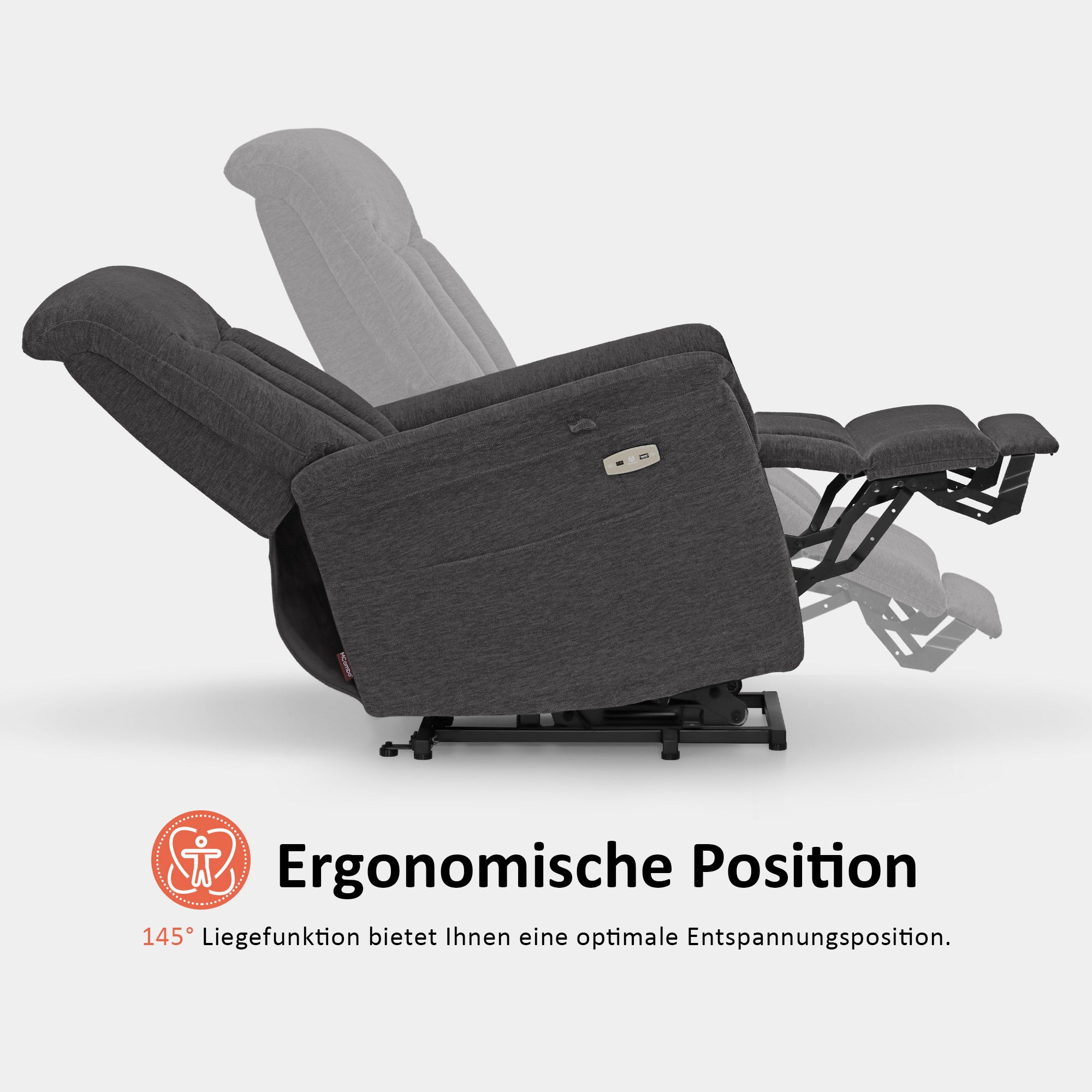 M MCombo TV chair with electric riser, armchair with riser, recliner chair with reclining function up to 145°, 35D full foam seat cushion 7117 (Chenille, Grey)