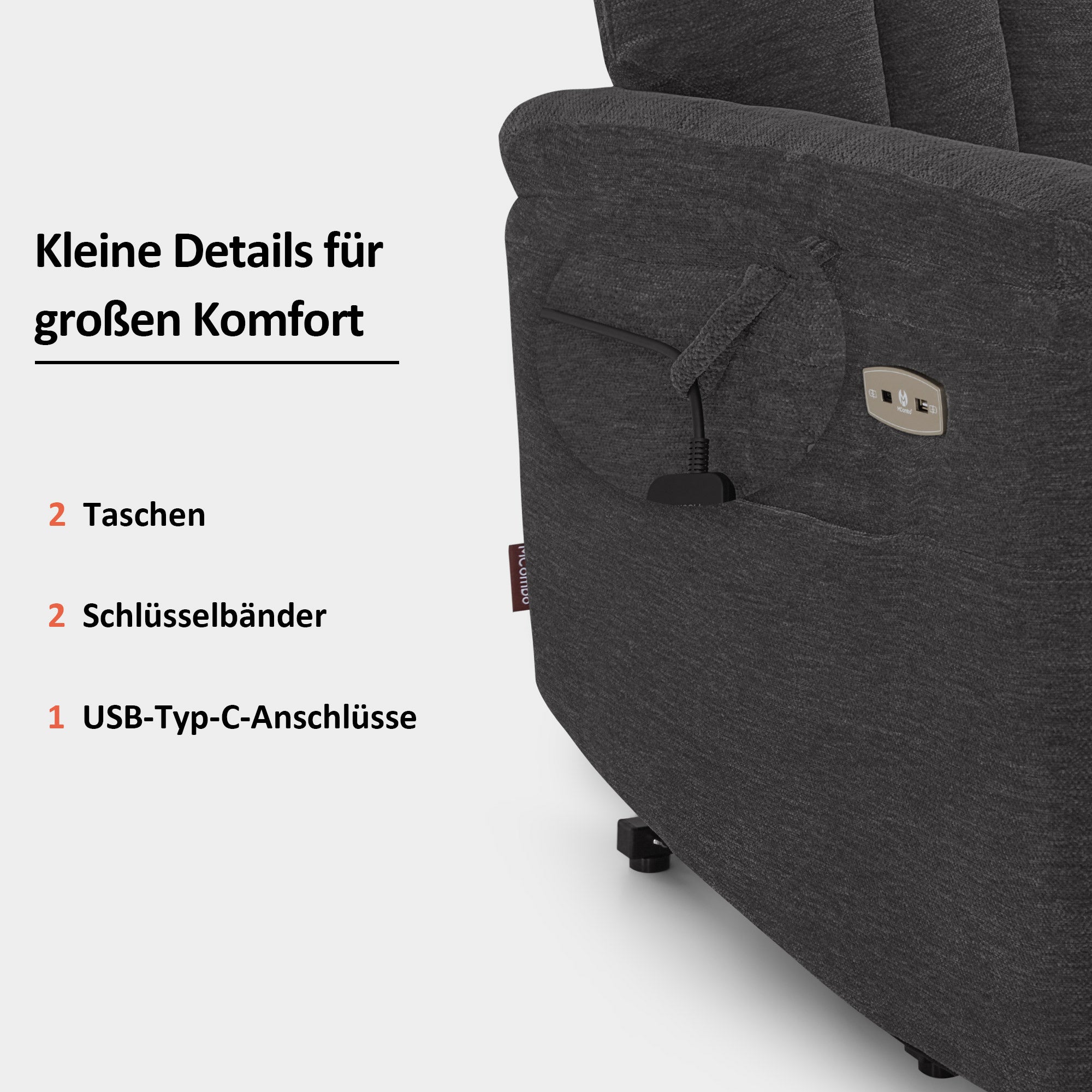 M MCombo TV chair with electric riser, armchair with riser, recliner chair with reclining function up to 145°, 35D full foam seat cushion 7117 (Chenille, Grey)