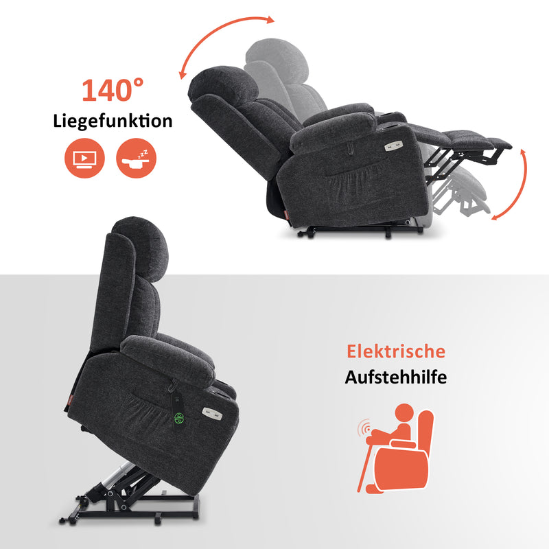 M MCombo Relaxsessel mit Aufstehhilfe & Liegefunktion 7190, Fernsehsessel elektrisch verstellbar, für Senioren Wohnzimmer, USB, (Schwarz-Kunstleder / Dunkelgrau-Stoff)