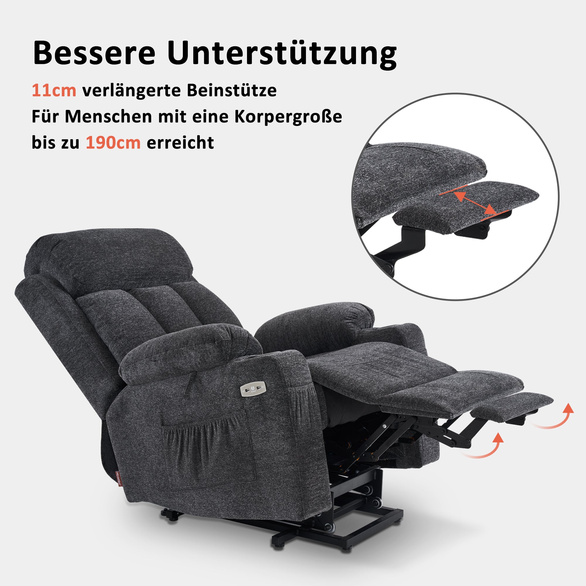 M MCombo relaxation chair with stand-up aid and reclining function 7190, TV chair electrically adjustable, for seniors living room, USB, (black faux leather / dark gray fabric) 
