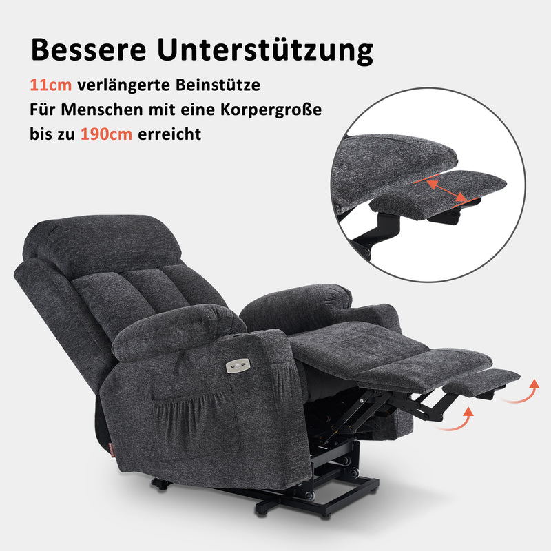 M MCombo Relaxsessel mit Aufstehhilfe & Liegefunktion 7190, Fernsehsessel elektrisch verstellbar, für Senioren Wohnzimmer, USB, (Schwarz-Kunstleder / Dunkelgrau-Stoff)