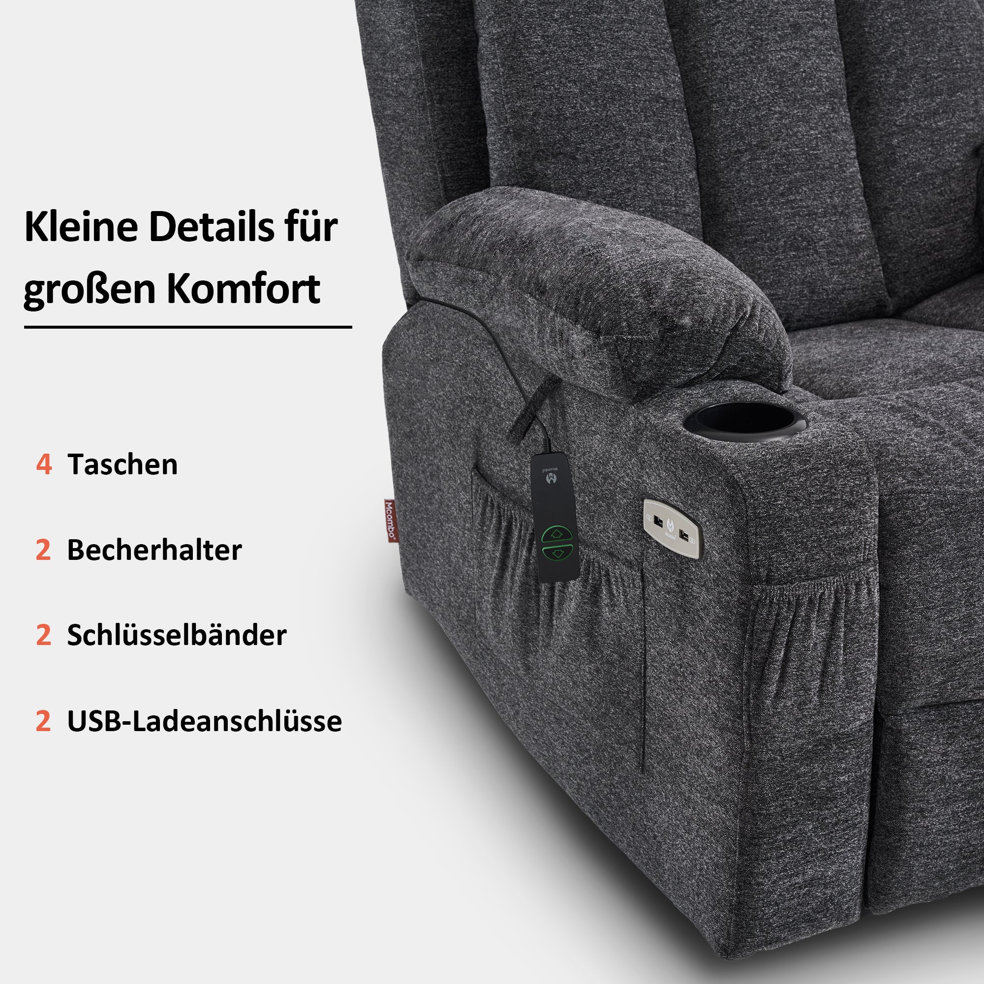 M MCombo relaxation chair with stand-up aid and reclining function 7190, TV chair electrically adjustable, for seniors living room, USB, (black faux leather / dark gray fabric) 