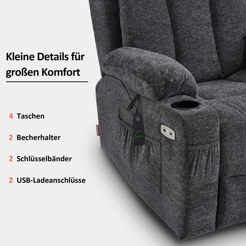 M MCombo Relaxsessel mit Aufstehhilfe & Liegefunktion 7190, Fernsehsessel elektrisch verstellbar, für Senioren Wohnzimmer, USB, (Schwarz-Kunstleder / Dunkelgrau-Stoff)