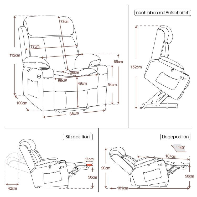 M MCombo Relaxsessel mit Aufstehhilfe & Liegefunktion 7190, Fernsehsessel elektrisch verstellbar, für Senioren Wohnzimmer, USB, (Schwarz-Kunstleder / Dunkelgrau-Stoff)