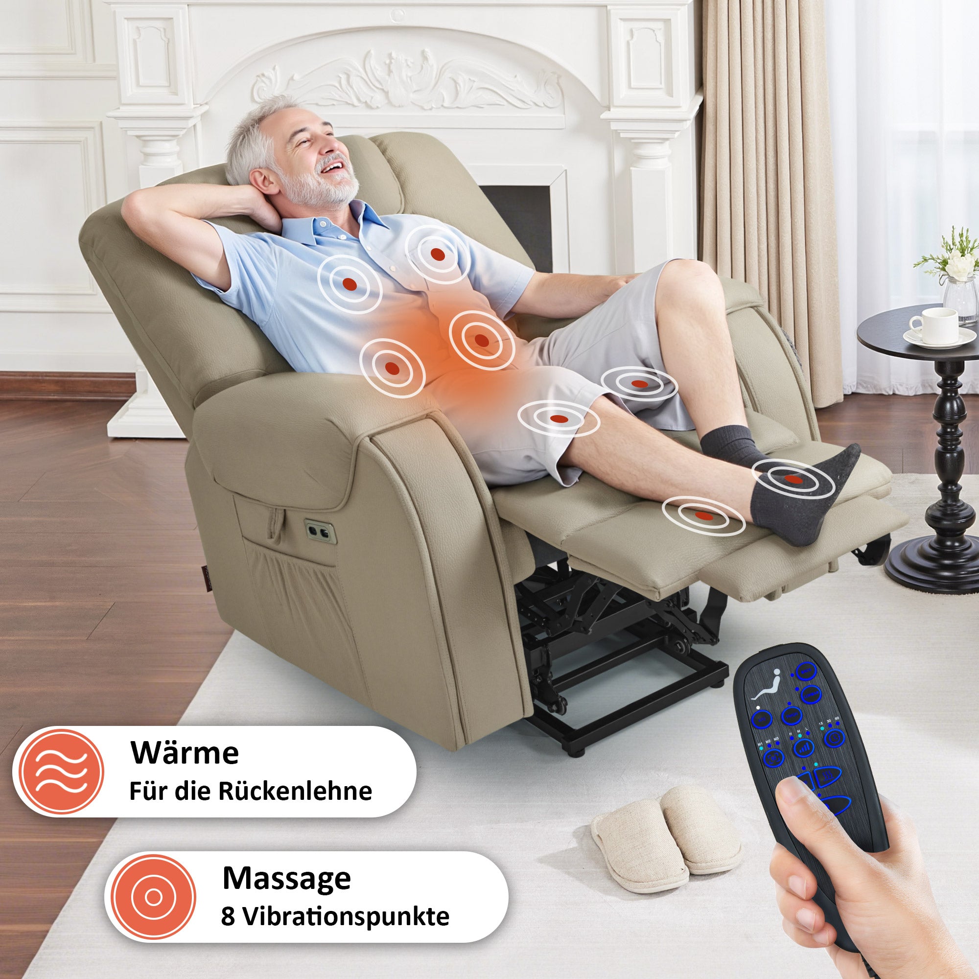 M MCombo Fernsehsessel mit Aufstehhilfe Elektrisch, mit Massage & Heizung, Relaxsessel mit Liegefunktion bis 145° 35D Vollschaum-Sitzkissen Versteckte Becherhalter 7252