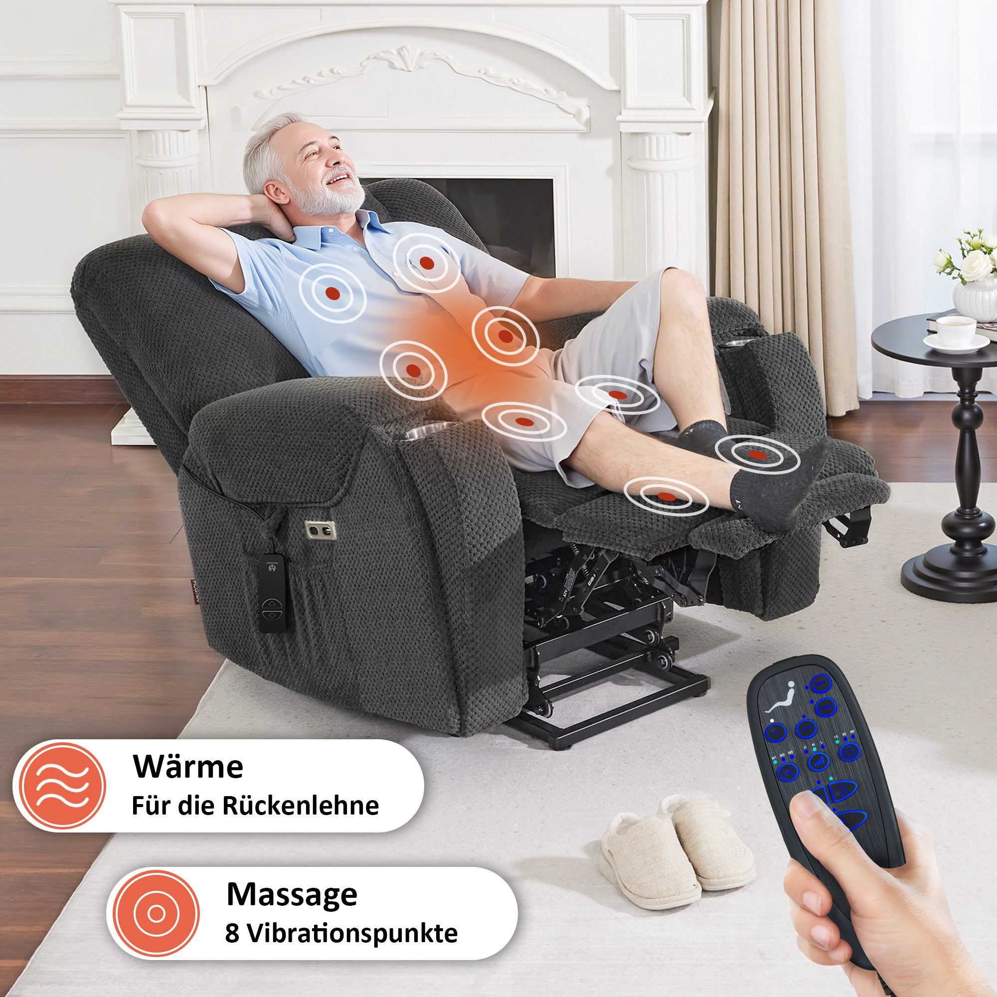 M MCombo Fernsehsessel mit Aufstehhilfe Elektrisch, mit Massage & Heizung, Relaxsessel mit Liegefunktion bis 145° 35D Vollschaum-Sitzkissen Versteckte Becherhalter 7252