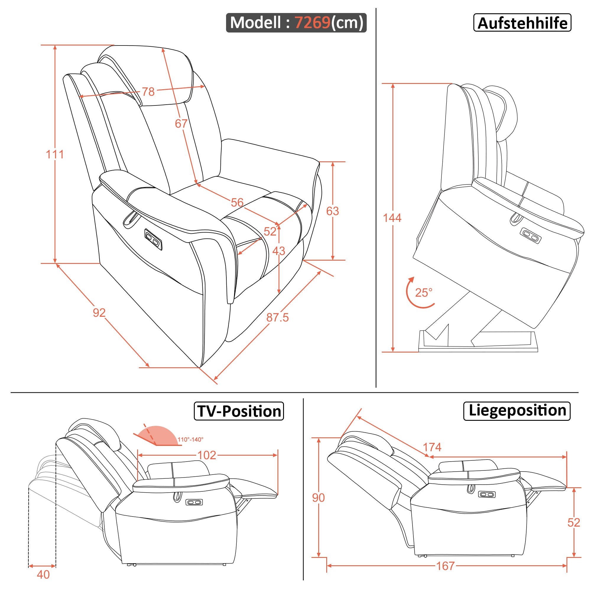 M MCombo Fernsehsessel mit Aufstehhilfe Elektrisch, 2 Rollen für Mobilität, Massage & Heizung, Verstellbare Kopfstütze, Sessel mit Aufstehhilfe 35D Vollschaum-Sitzkissen 7269