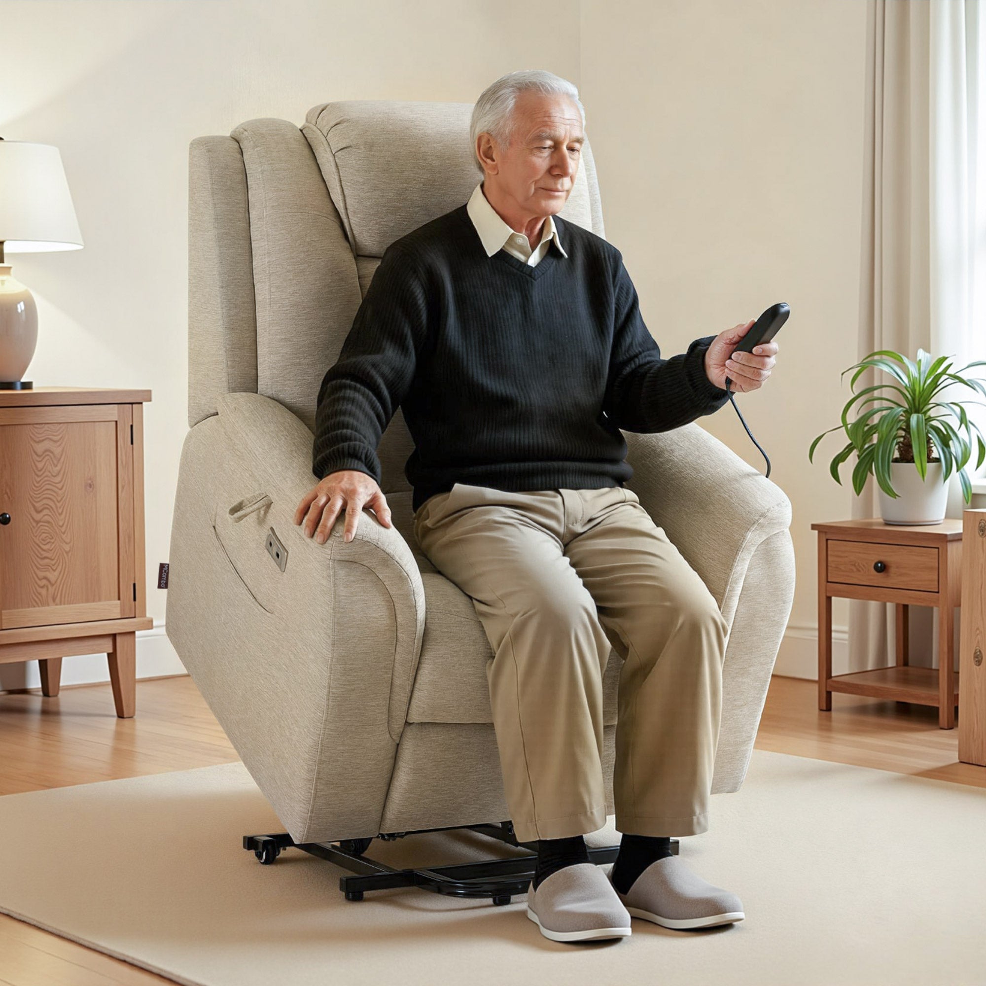 M MCombo Fernsehsessel mit Aufstehhilfe Elektrisch, 2 Rollen für Mobilität, Massage & Heizung, Verstellbare Kopfstütze, Sessel mit Aufstehhilfe 35D Vollschaum-Sitzkissen 7269