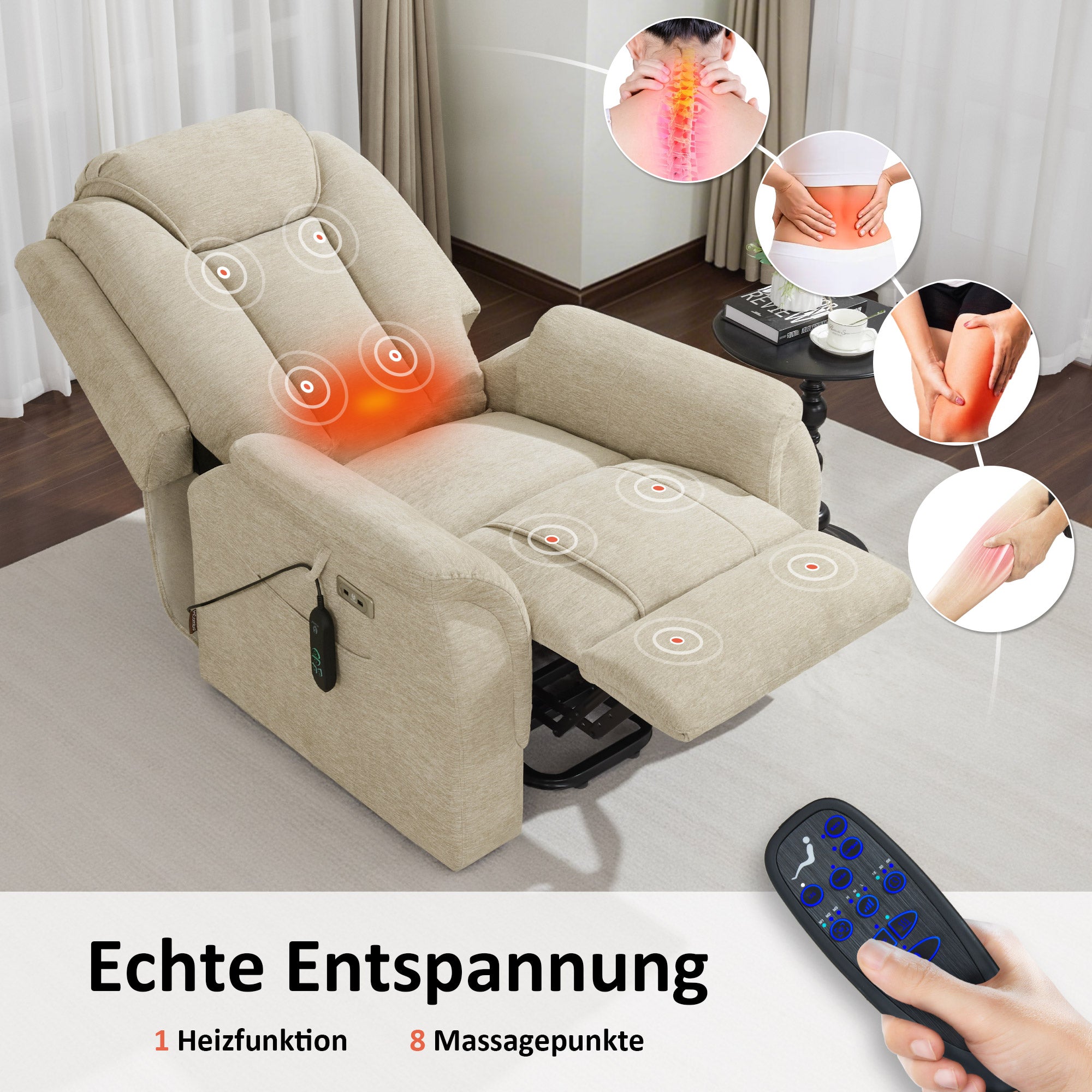 M MCombo Fernsehsessel mit Aufstehhilfe Elektrisch, 2 Rollen für Mobilität, Massage & Heizung, Verstellbare Kopfstütze, Sessel mit Aufstehhilfe 35D Vollschaum-Sitzkissen 7269