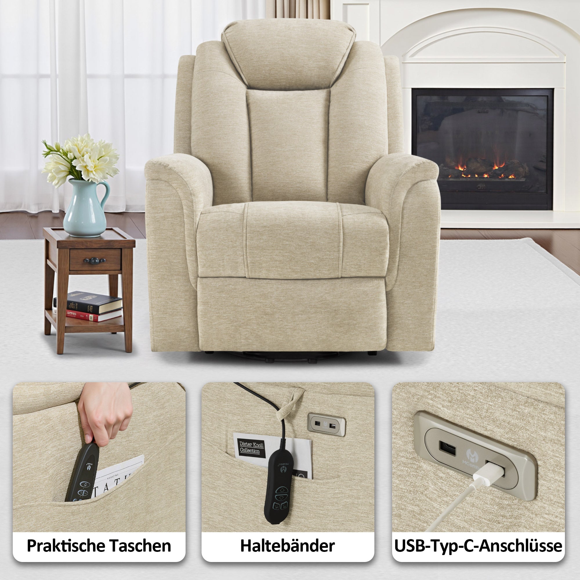 M MCombo Fernsehsessel mit Aufstehhilfe Elektrisch, 2 Rollen für Mobilität, Massage & Heizung, Verstellbare Kopfstütze, Sessel mit Aufstehhilfe 35D Vollschaum-Sitzkissen 7269