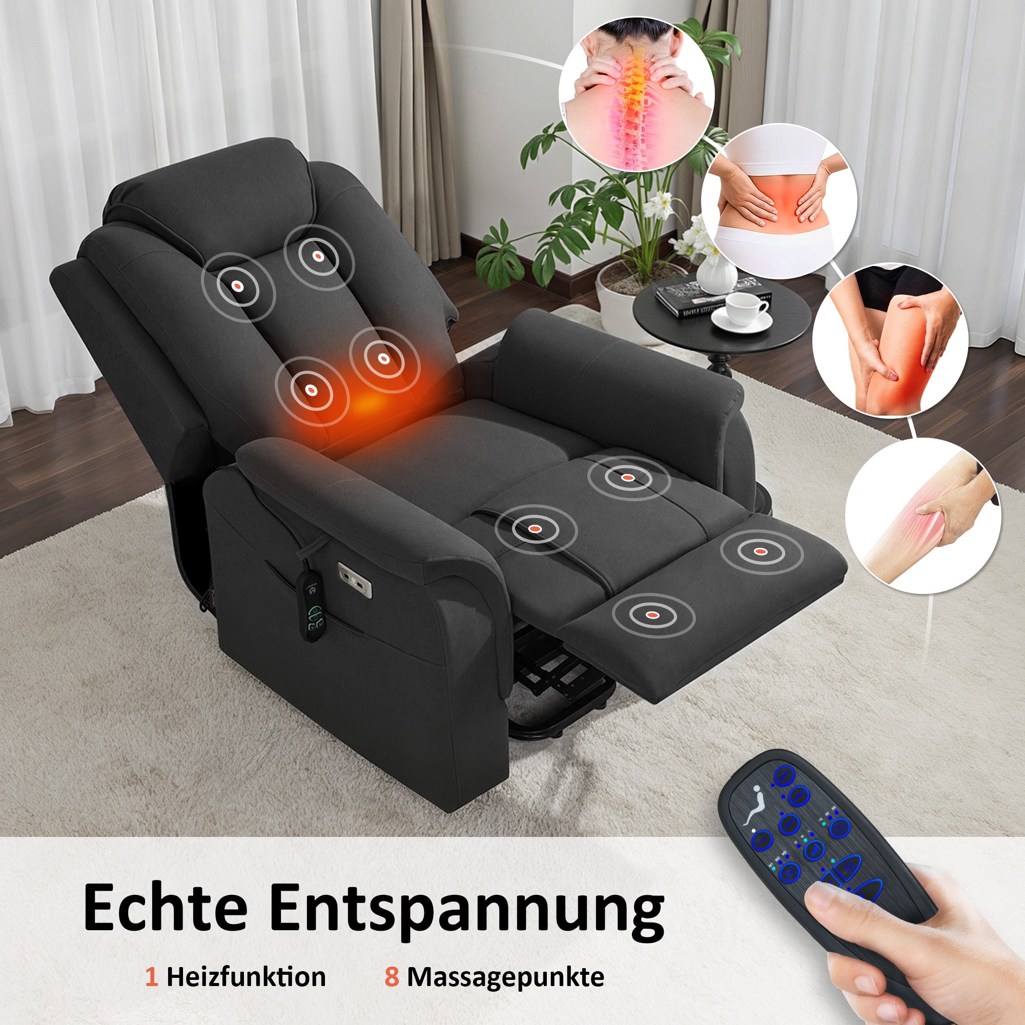 M MCombo Fernsehsessel mit Aufstehhilfe Elektrisch, 2 Rollen für Mobilität, Massage & Heizung, Verstellbare Kopfstütze, Sessel mit Aufstehhilfe 35D Vollschaum-Sitzkissen 7269