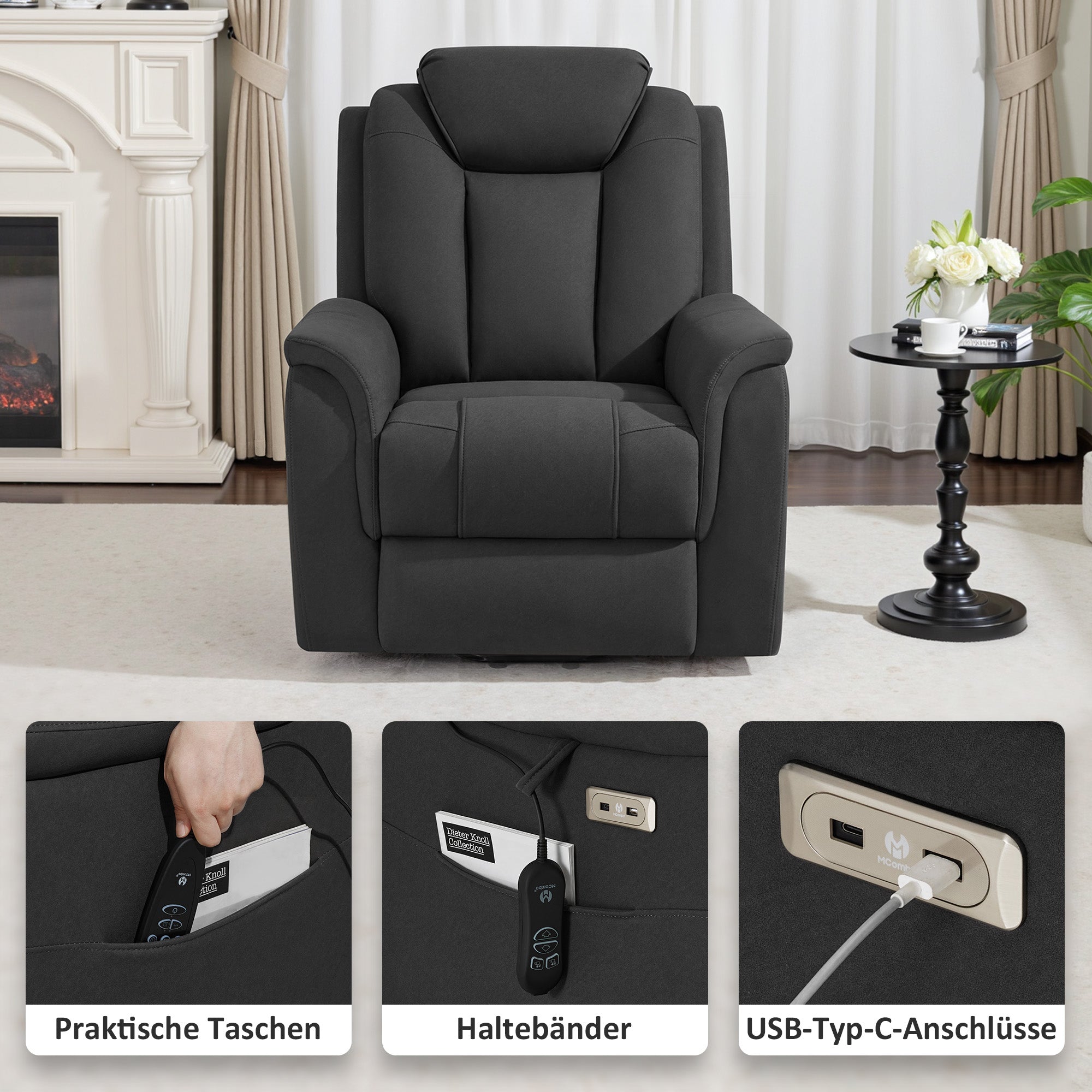 M MCombo Fernsehsessel mit Aufstehhilfe Elektrisch, 2 Rollen für Mobilität, Massage & Heizung, Verstellbare Kopfstütze, Sessel mit Aufstehhilfe 35D Vollschaum-Sitzkissen 7269