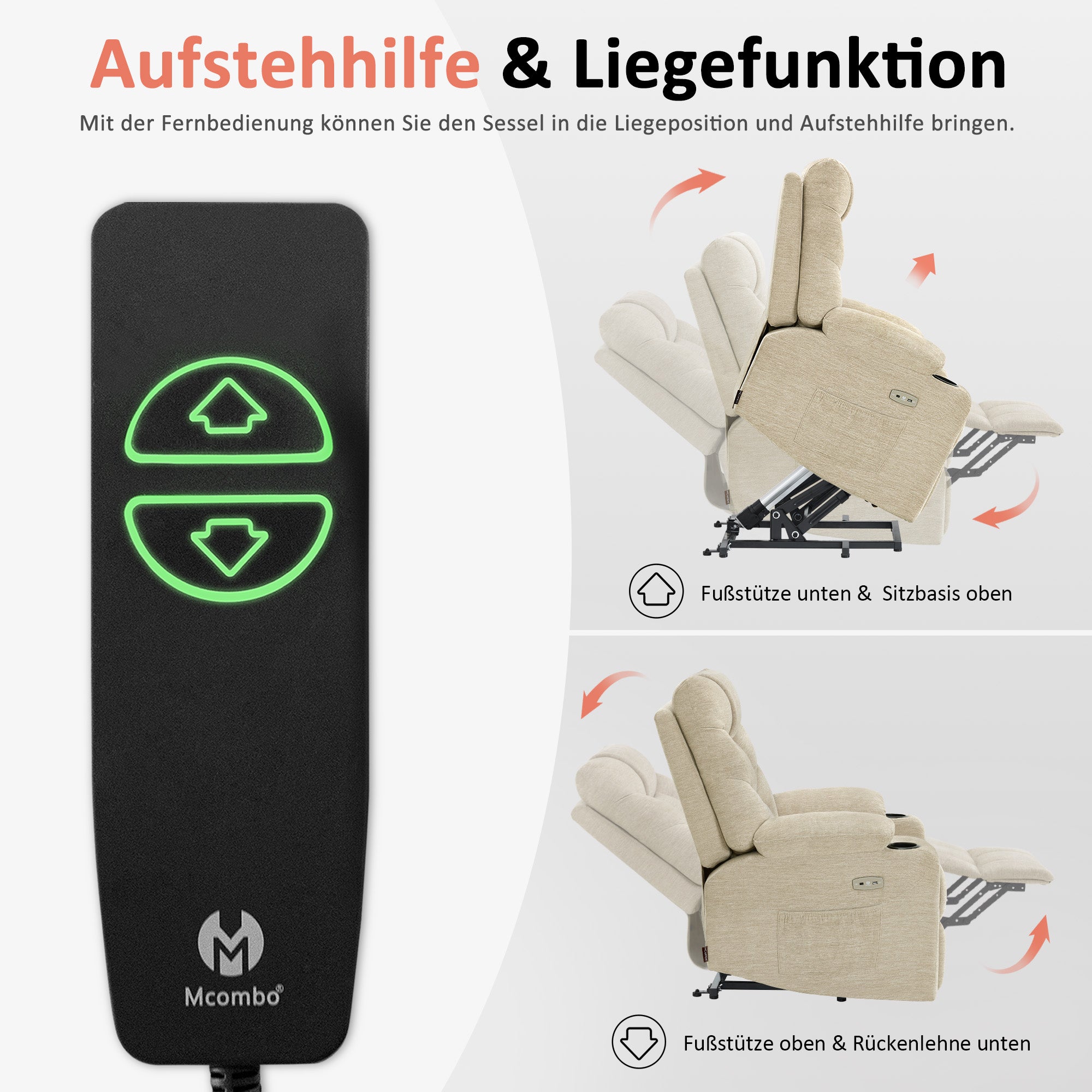 M MCombo Fernsehsessel mit Aufstehhilfe Elektrisch, Sessel mit Aufstehhilfe,  fernsehsessel mit liegefunktion bis 140°, Seniorensessel für Wohnzimmer, mit USB 7286