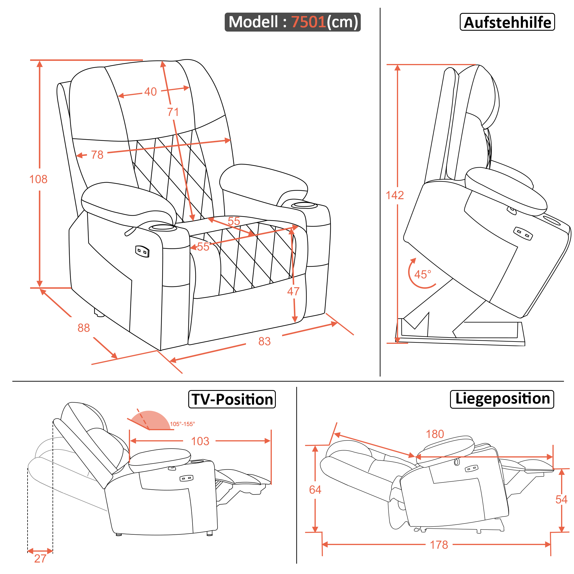 M MCombo TV chair with electric riser, recliner chair with reclining function, backrest and footrest separately adjustable, senior chair for the living room, microfiber fabric, 7501 (dark gray)