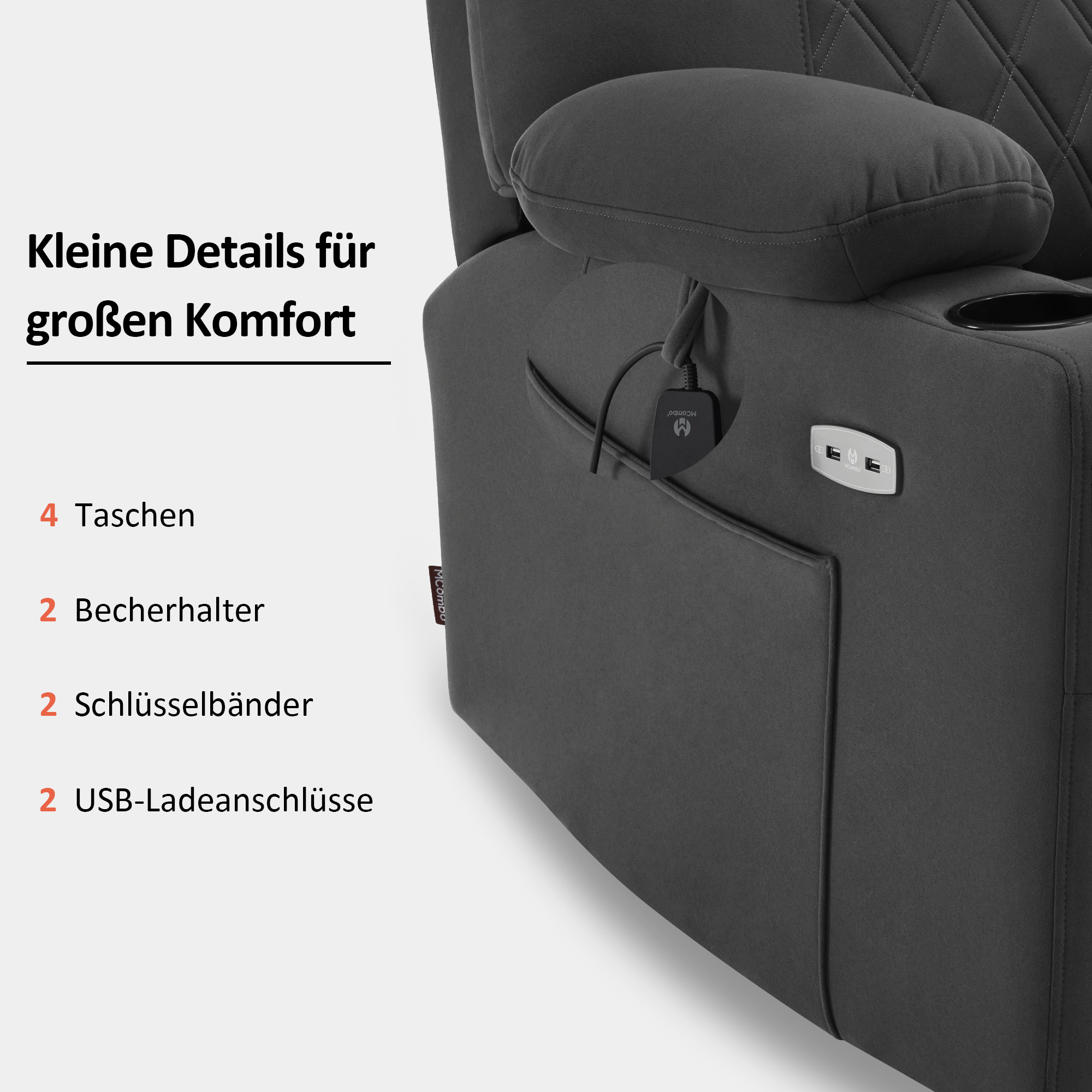 M MCombo TV chair with electric riser, recliner chair with reclining function, backrest and footrest separately adjustable, senior chair for the living room, microfiber fabric, 7501 (dark gray)