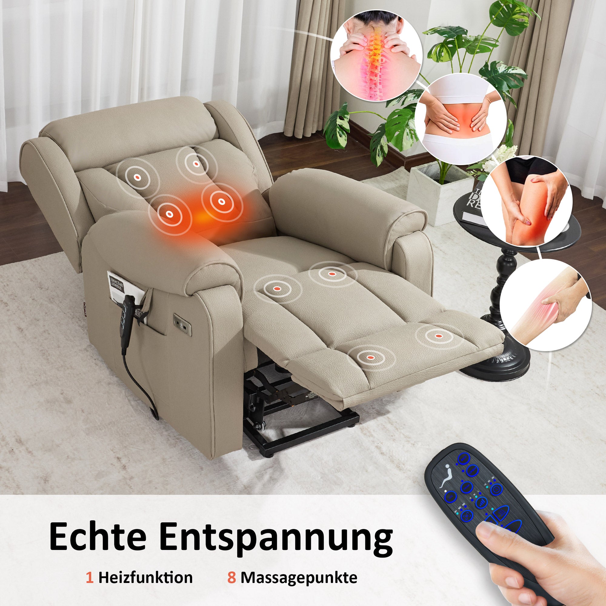 M MCombo 4-Motoren-Fernsehsessel mit Aufstehhilfe Elektrisch, Elektrische Lenden- & Kopfstütze 165°Zero-Gravity Sessel mit Aufstehhilfe, Massage & Heizung 7558