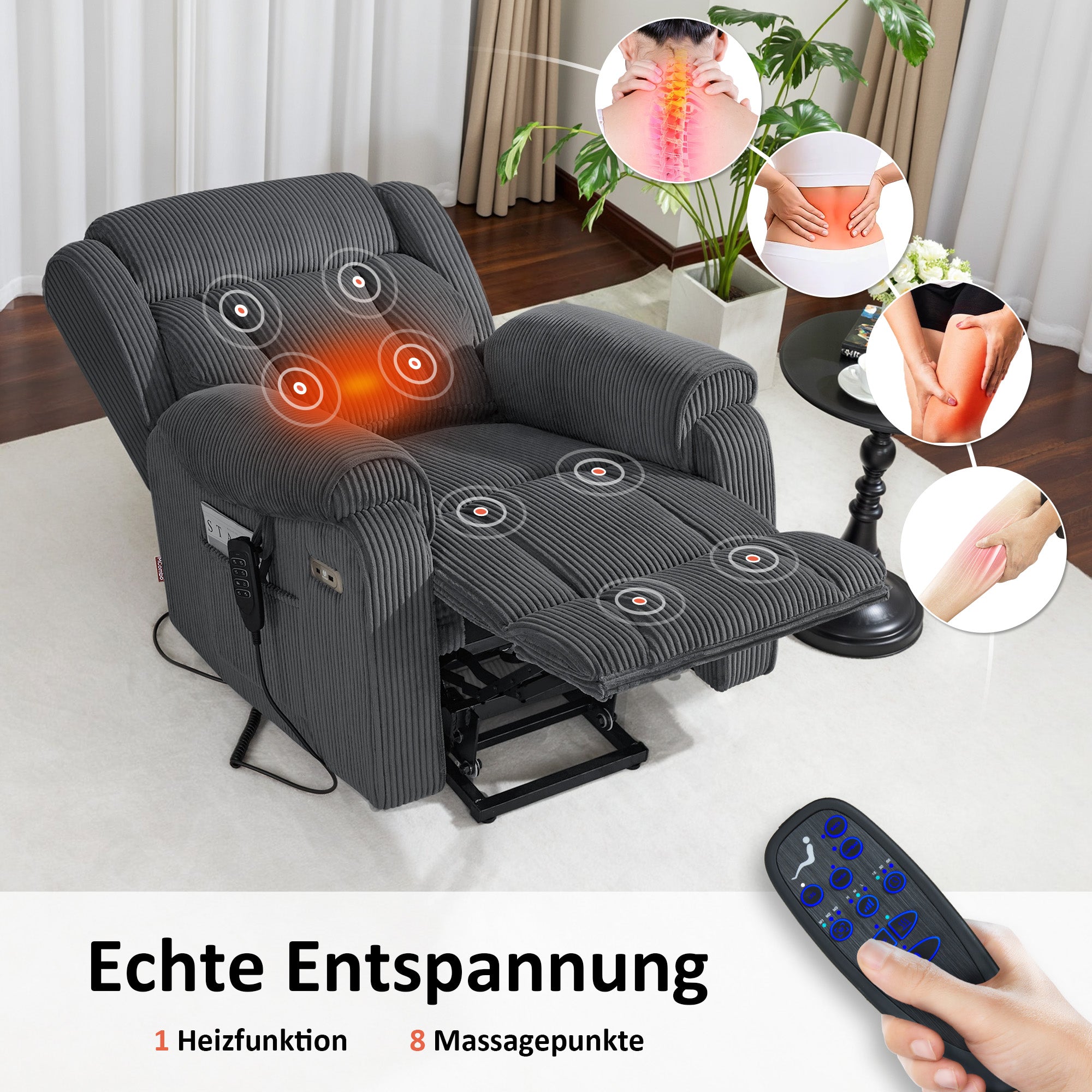 M MCombo 4-Motoren-Fernsehsessel mit Aufstehhilfe Elektrisch, Elektrische Lenden- & Kopfstütze 165°Zero-Gravity Sessel mit Aufstehhilfe, Massage & Heizung 7558