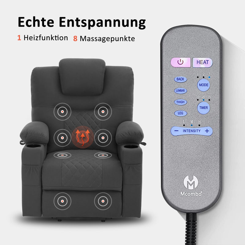 M MCombo Fernsehsessel mit Aufstehhilfe elektrisch, Relaxsessel mit Liegefunktion, Massagesessel mit Wärmefunktion, 2 Motoren, Seniorensessel für Wohnzimmer, Mikrofaser-Stoff, 7565