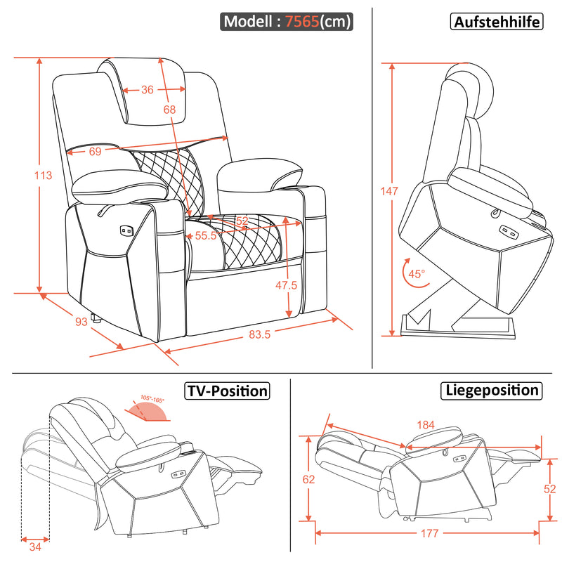 M MCombo Fernsehsessel mit Aufstehhilfe elektrisch, Relaxsessel mit Liegefunktion, Massagesessel mit Wärmefunktion, 2 Motoren, Seniorensessel für Wohnzimmer, Mikrofaser-Stoff, 7565
