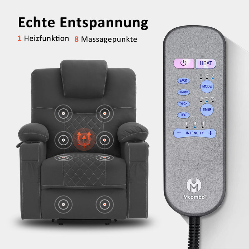 M MCombo Fernsehsessel mit Aufstehhilfe elektrisch, Relaxsessel mit Liegefunktion, Massagesessel mit Wärmefunktion, 2 Motoren, Seniorensessel für Wohnzimmer, Mikrofaser-Stoff, 7565