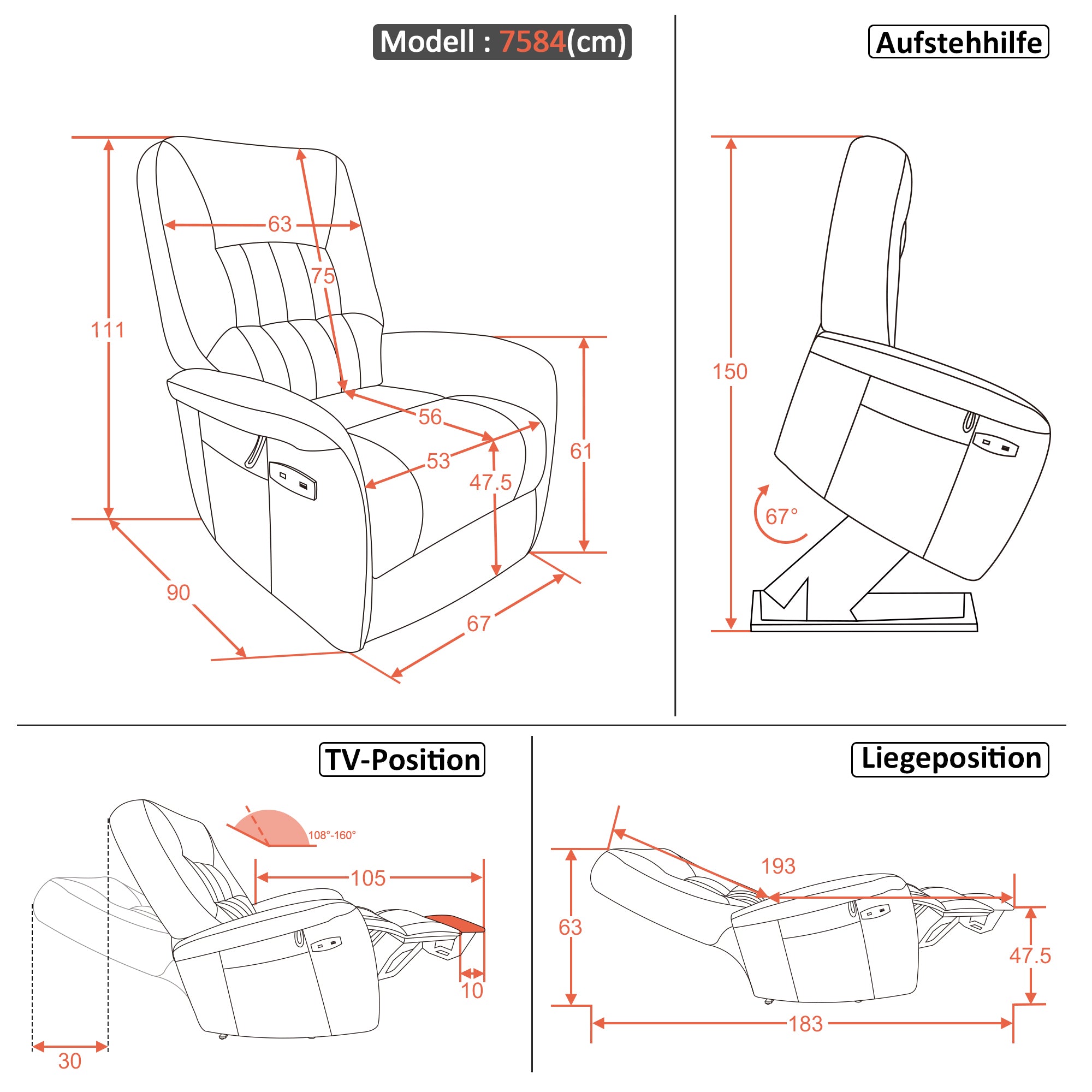 M MCombo Fernsehsessel mit Aufstehhilfe Elektrisch 2 Motoren, mit Massage & Heizung, Relaxsessel mit Liegefunktion bis 160°Vollschaum-Sitzkissen 7584 (Mikrofaser, Grau)