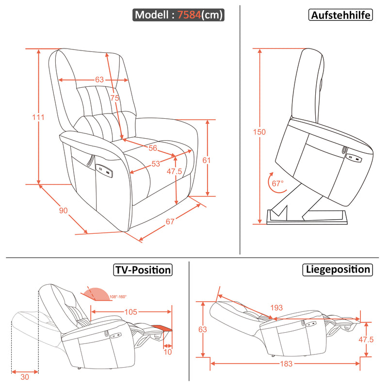 M MCombo Fernsehsessel mit Aufstehhilfe Elektrisch 2 Motoren, mit Massage & Heizung, Relaxsessel mit Liegefunktion bis 160°Vollschaum-Sitzkissen 7584 (Mikrofaser, Grau)
