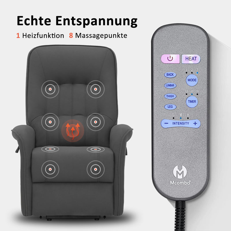 M MCombo Fernsehsessel mit Aufstehhilfe Elektrisch 2 Motoren, mit Massage & Heizung, Relaxsessel mit Liegefunktion bis 160°Vollschaum-Sitzkissen 7584 (Mikrofaser, Grau)