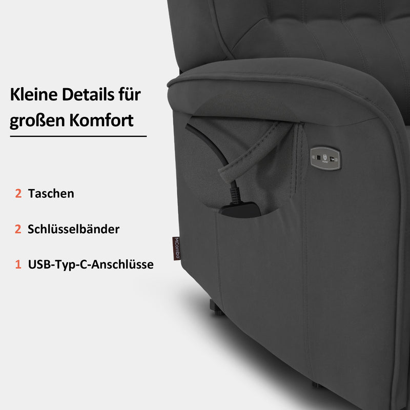 M MCombo Fernsehsessel mit Aufstehhilfe Elektrisch 2 Motoren, mit Massage & Heizung, Relaxsessel mit Liegefunktion bis 160°Vollschaum-Sitzkissen 7584 (Mikrofaser, Grau)