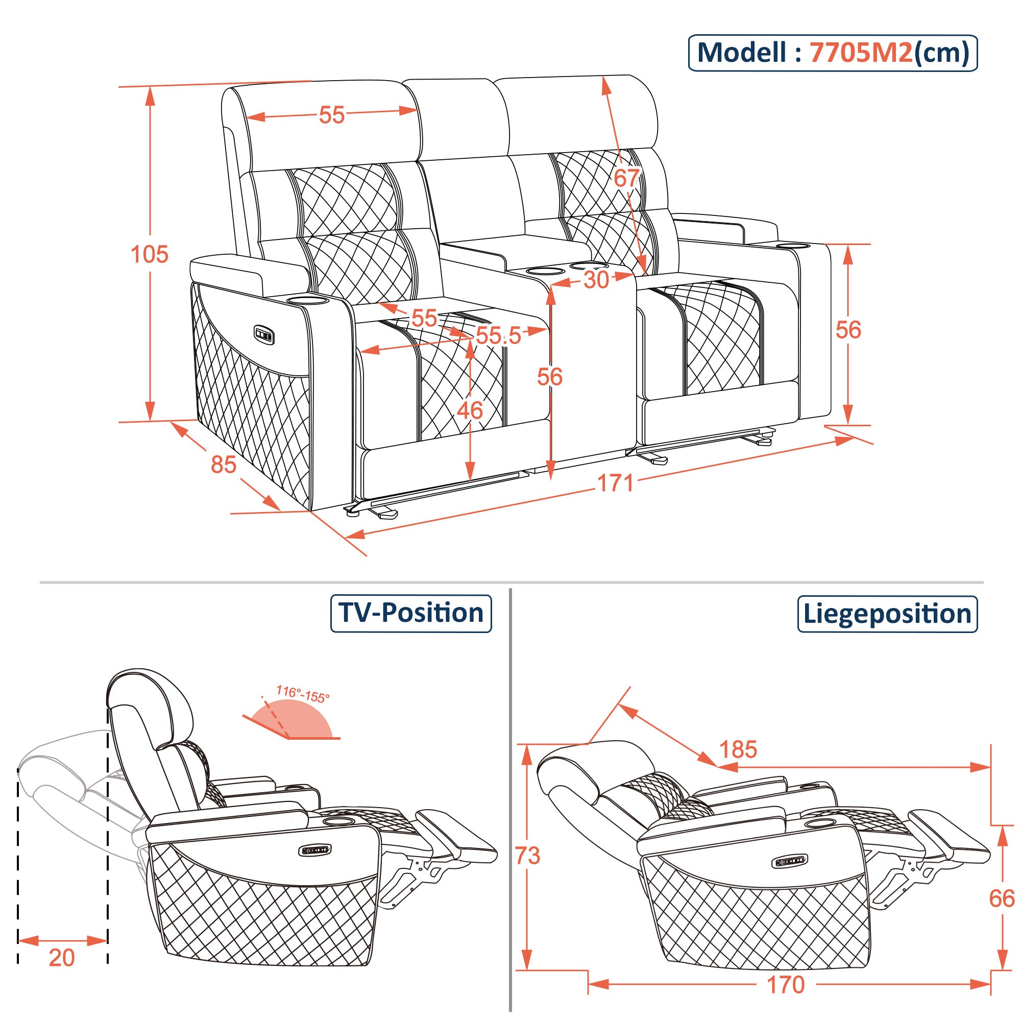 M MCombo 2-seater TV recliner, electrically adjustable, zero-gravity cinema chair with LED, adjustable headrest, 2-seater sofa with sleeping function, 35D full foam seat cushion 7705 (Black)