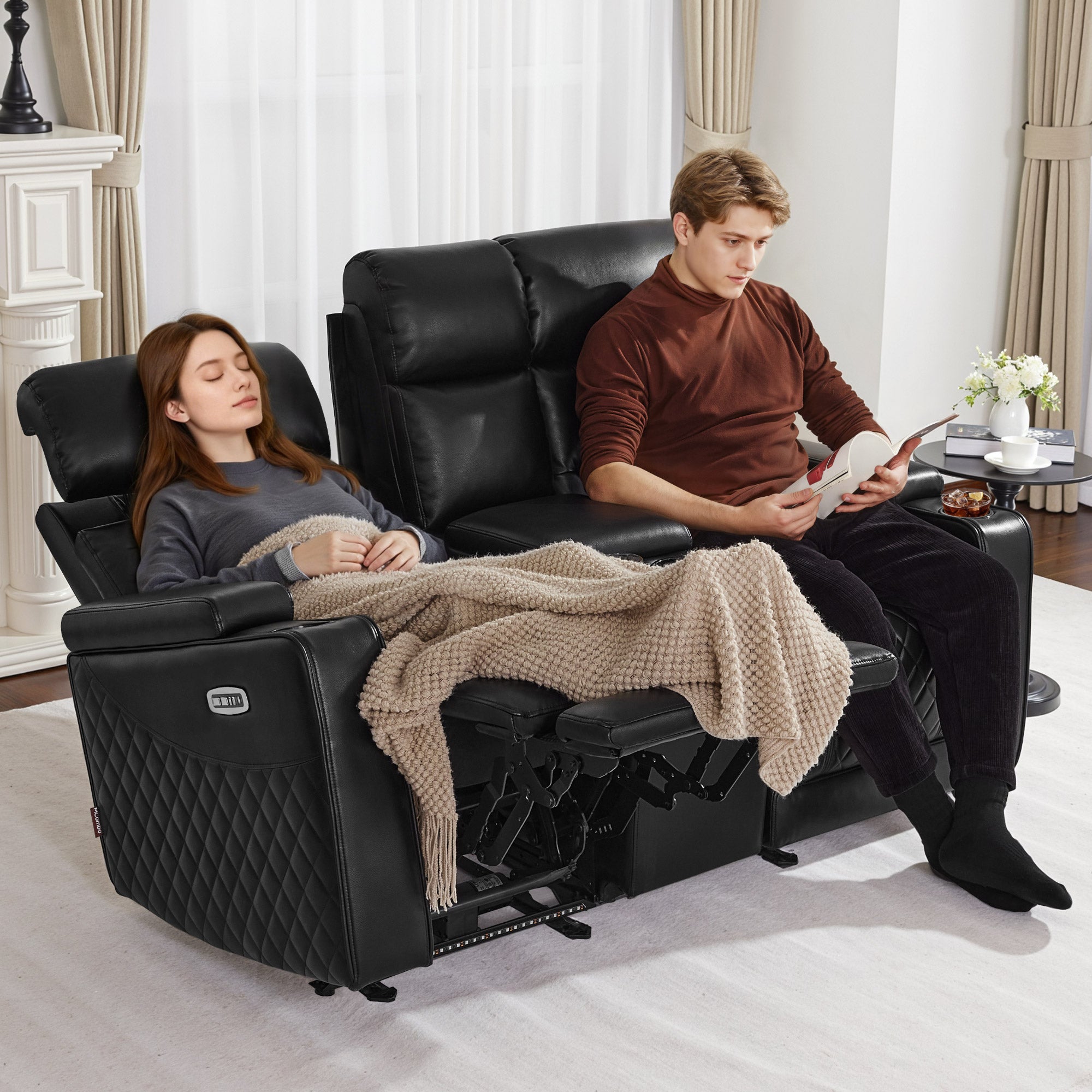 M MCombo 2-seater TV recliner, electrically adjustable, zero-gravity cinema chair with LED, adjustable headrest, 2-seater sofa with sleeping function, 35D full foam seat cushion 7705 (Black)