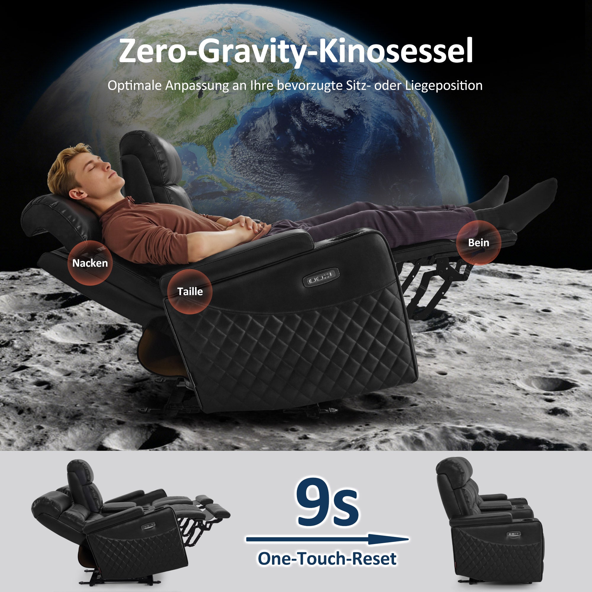 M MCombo 2-seater TV recliner, electrically adjustable, zero-gravity cinema chair with LED, adjustable headrest, 2-seater sofa with sleeping function, 35D full foam seat cushion 7705 (Black)