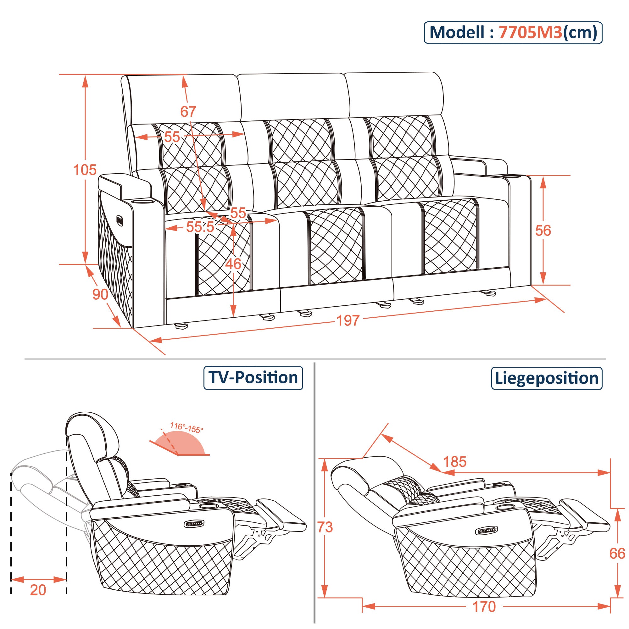 M MCombo Fauteuil de Relaxation Électrique 1 Place/2 Places/3 Places, Fauteuil Home Cinéma Zero Gravity avec LED, Appui-tête Réglable, Coussin d'assise Entièrement en Mousse 35D 7759/7705 (Noir)