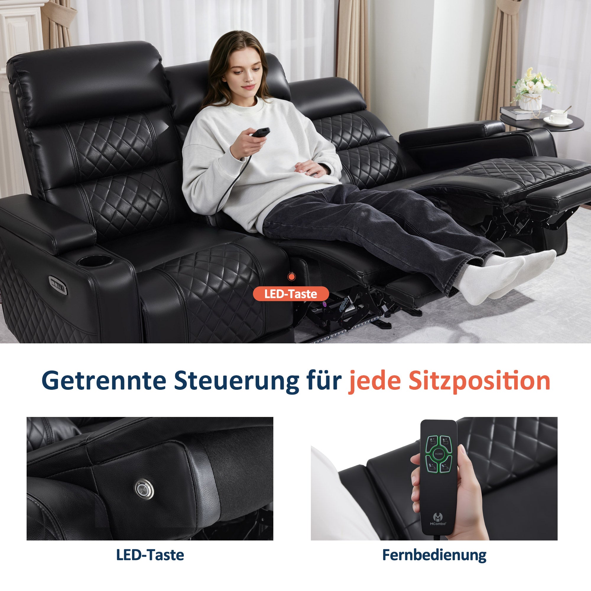 M MCombo Fauteuil de Relaxation Électrique 1 Place/2 Places/3 Places, Fauteuil Home Cinéma Zero Gravity avec LED, Appui-tête Réglable, Coussin d'assise Entièrement en Mousse 35D 7759/7705 (Noir)
