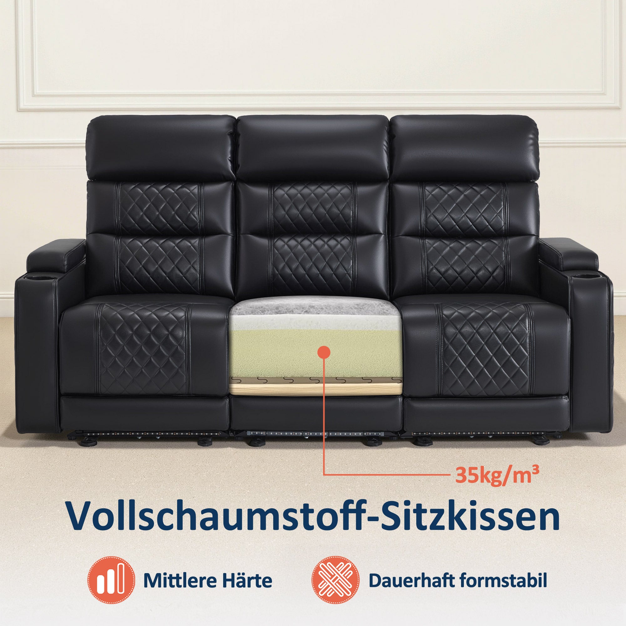 M MCombo Fauteuil de Relaxation Électrique 1 Place/2 Places/3 Places, Fauteuil Home Cinéma Zero Gravity avec LED, Appui-tête Réglable, Coussin d'assise Entièrement en Mousse 35D 7759/7705 (Noir)