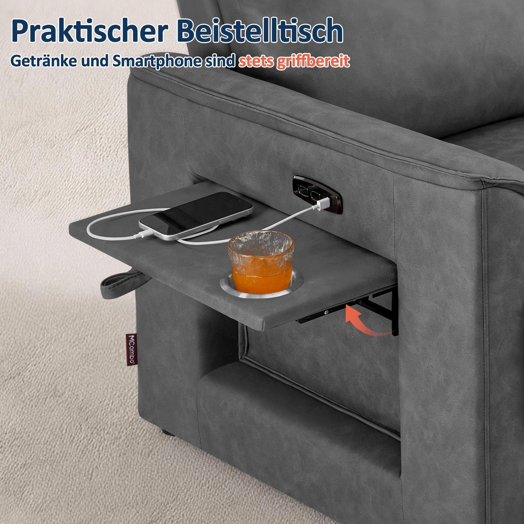 M MCombo 2 Sitzer Fernsehsessel Elektrisch Verstellbar 155°Zero-Gravity-Kinosessel mit Verstecktem Beistelltisch, 2 Sitzer Sofa mit Schlaffunktion 35D Vollschaum-Sitzkissen 7719M1 (Dunkelgrau)
