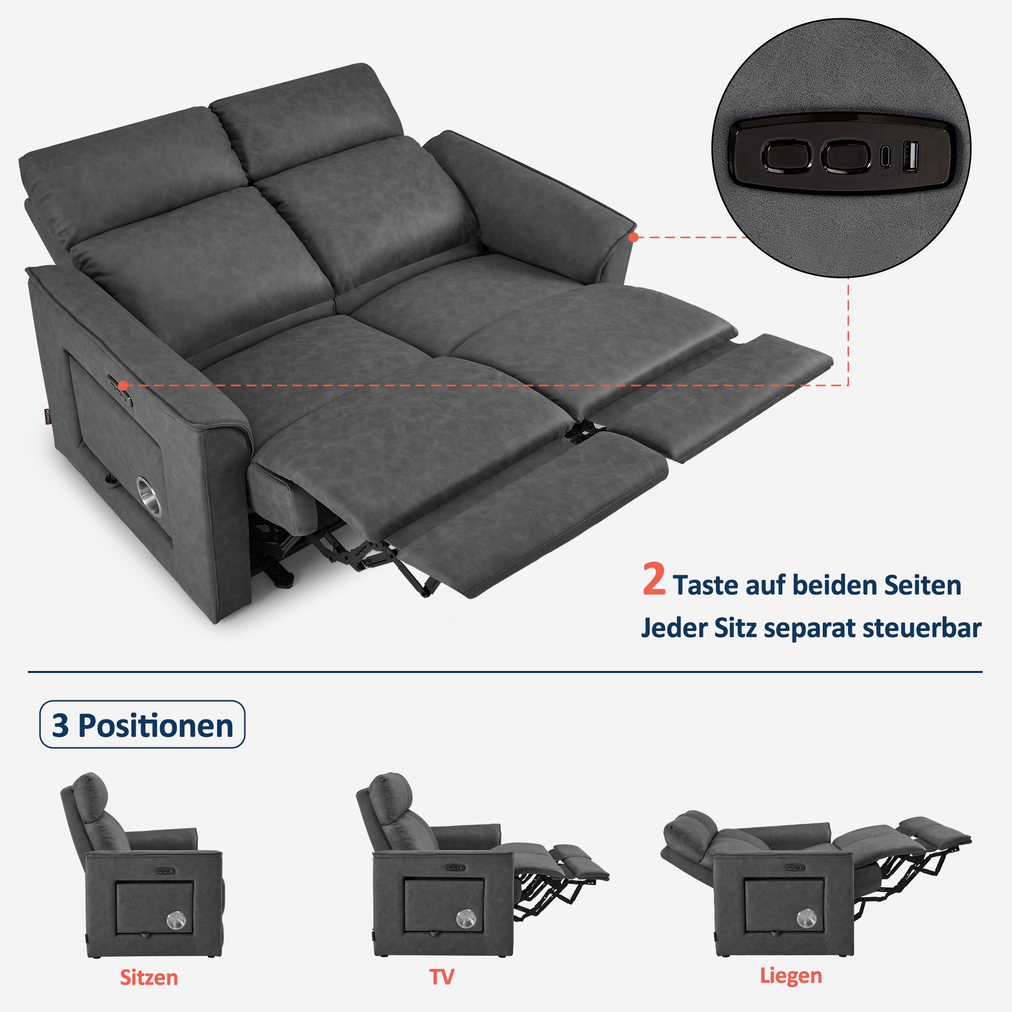 M MCombo 2 Sitzer Fernsehsessel Elektrisch Verstellbar 155°Zero-Gravity-Kinosessel mit Verstecktem Beistelltisch, 2 Sitzer Sofa mit Schlaffunktion 35D Vollschaum-Sitzkissen 7719M1 (Dunkelgrau)