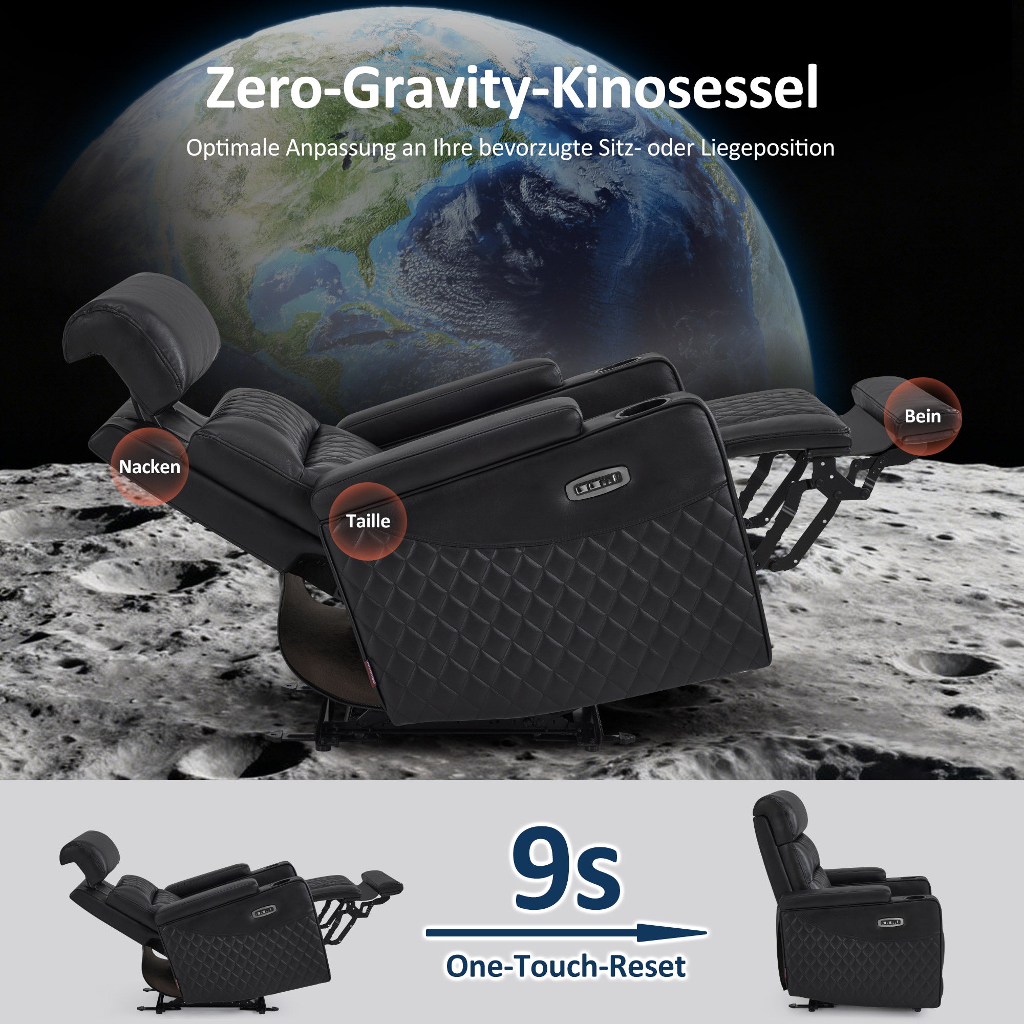 M MCombo 1-Sitzer/2-Sitzer Fernsehsessel Elektrisch Verstellbar, Zero-Gravity-Kinosessel mit LED, Verstellbare Kopfstütze, 35D Vollschaum-Sitzkissen 7759/7705 (Schwarz)