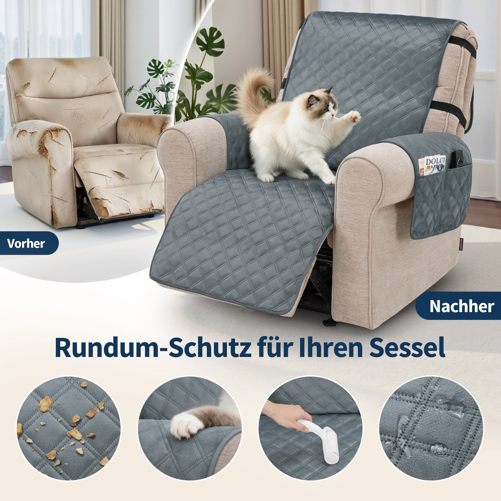 M MCombo Sesselschoner für Relaxsessel, Wasserdicht & Anti-Rutsch, Warmer und Weicher Sesselbezug mit Armlehne & Taschen, Kratzfester Sesselüberwurf Fernsehsessel C1815 (Grau/Samt)