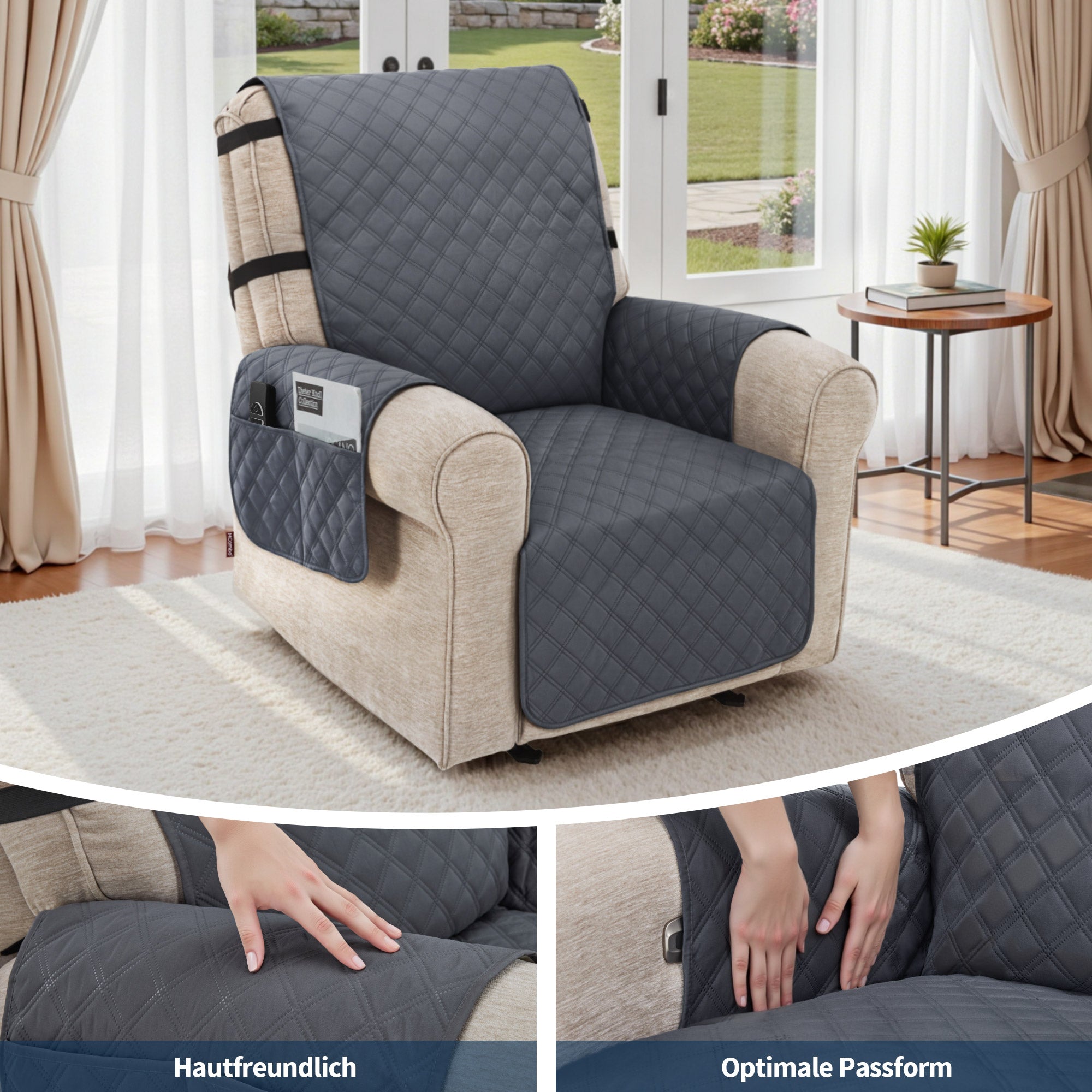 M MCombo Sesselschoner für Relaxsessel, Wasserdicht & Anti-Rutsch Sesselbezug mit Armlehne & Taschen, Kratzfester Sesselüberwurf Fernsehsessel C1833 (Dunkelgrau/Mikrofaser)