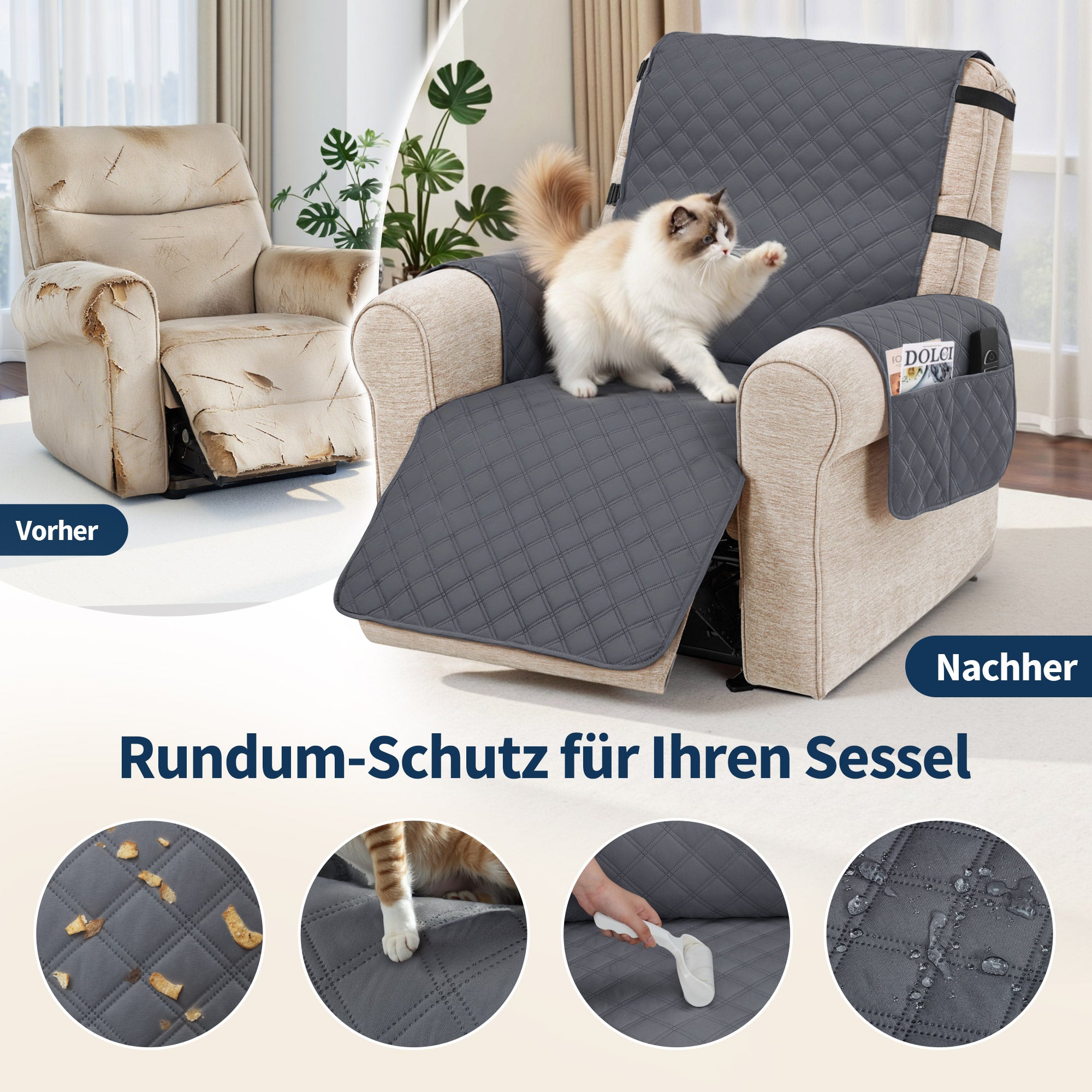 M MCombo Sesselschoner für Relaxsessel, Wasserdicht & Anti-Rutsch Sesselbezug mit Armlehne & Taschen, Kratzfester Sesselüberwurf Fernsehsessel C1833 (Dunkelgrau/Mikrofaser)