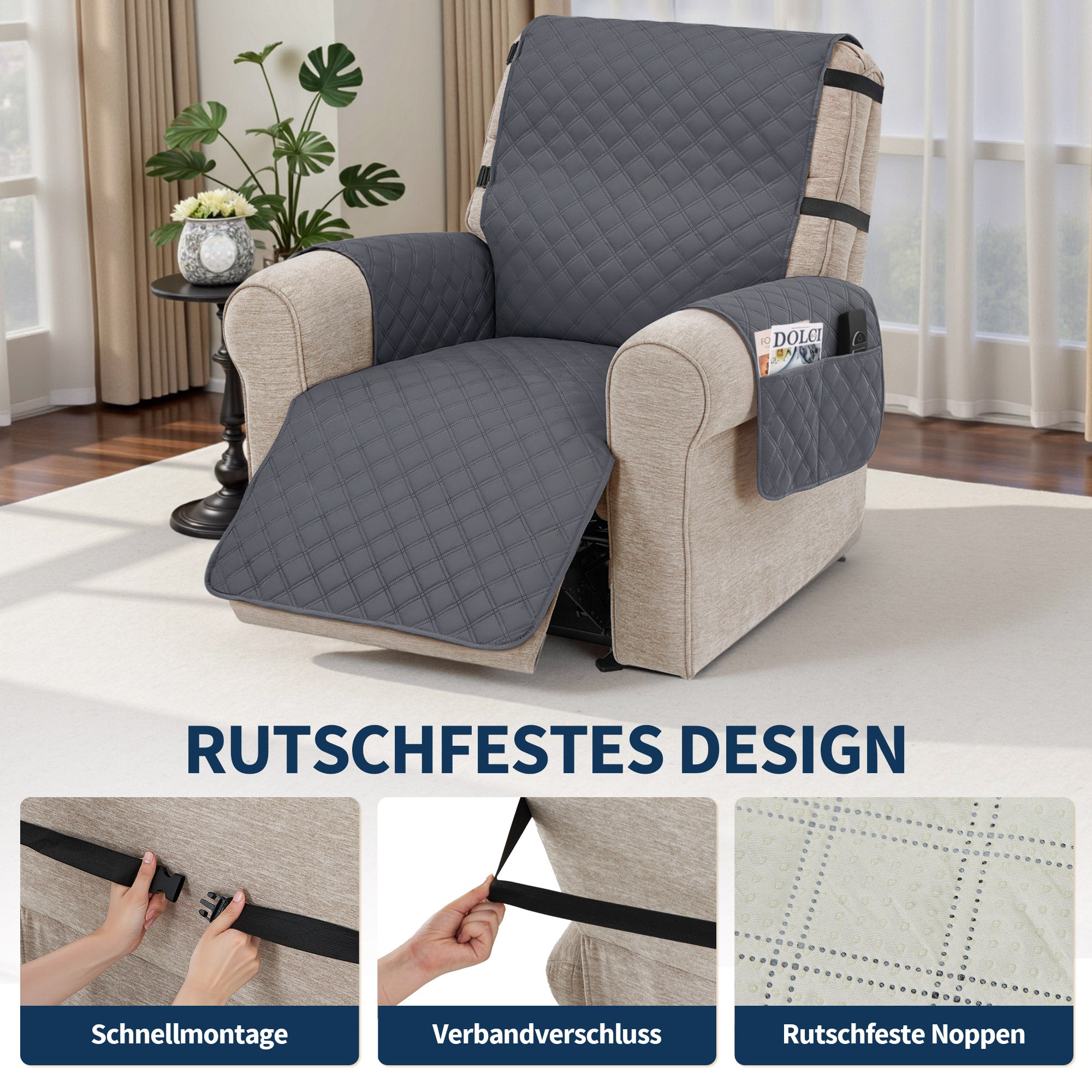 M MCombo Sesselschoner für Relaxsessel, Wasserdicht & Anti-Rutsch Sesselbezug mit Armlehne & Taschen, Kratzfester Sesselüberwurf Fernsehsessel C1833 (Dunkelgrau/Mikrofaser)