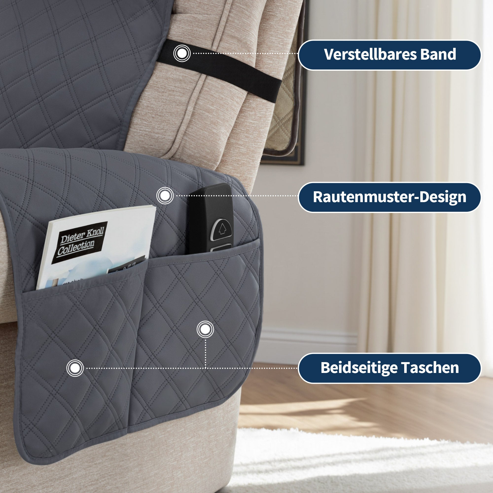 M MCombo Sesselschoner für Relaxsessel, Wasserdicht & Anti-Rutsch Sesselbezug mit Armlehne & Taschen, Kratzfester Sesselüberwurf Fernsehsessel C1833 (Dunkelgrau/Mikrofaser)