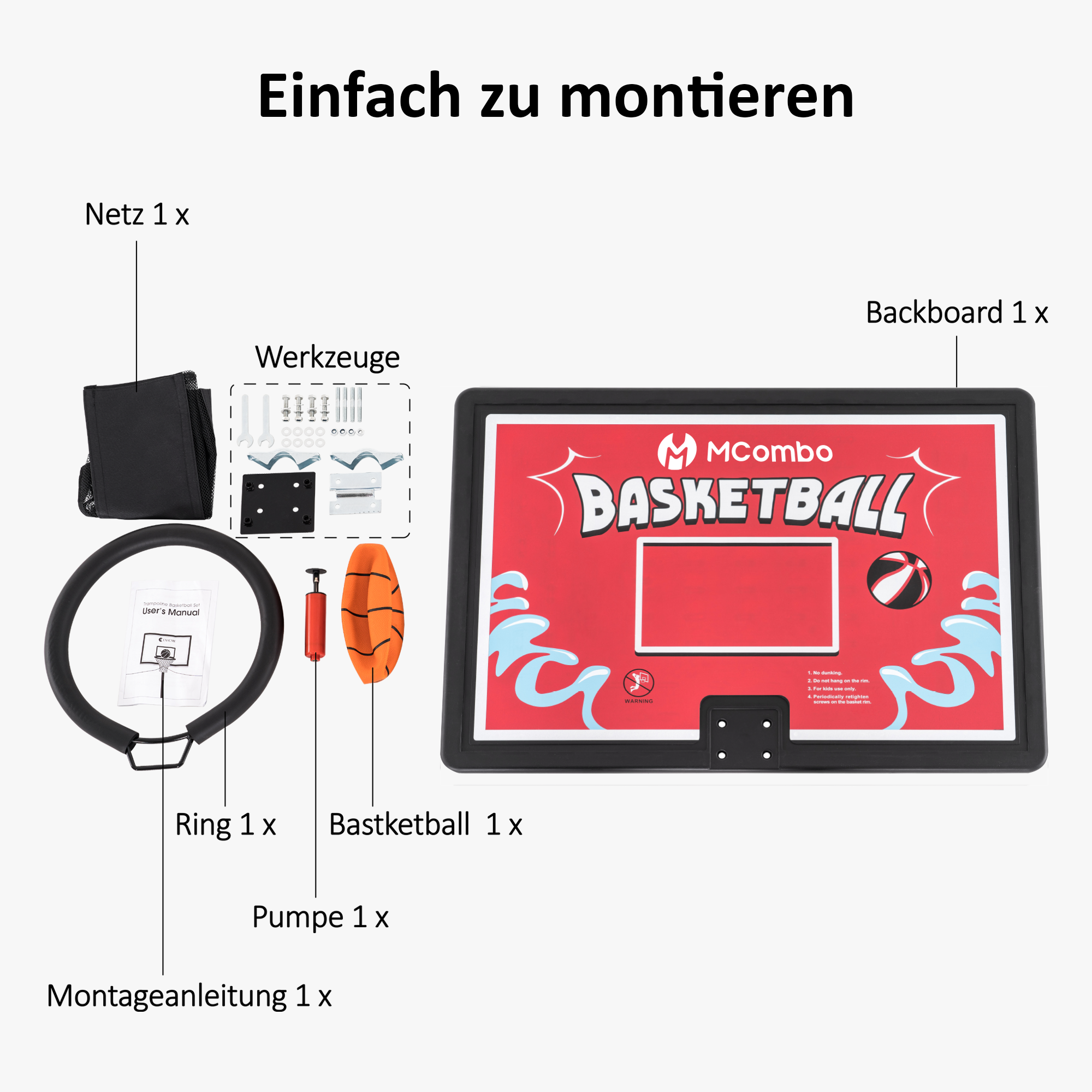 M MCombo Trampoline Basketball Hoop Outdoor, Trampoline Accessory Set, Basketball Hoop Trampoline Children, Mini Basketball Hoop for Trampoline Backboard + Basketball + Ring + Net + Ball Pump BH07 (Blue / Red) 