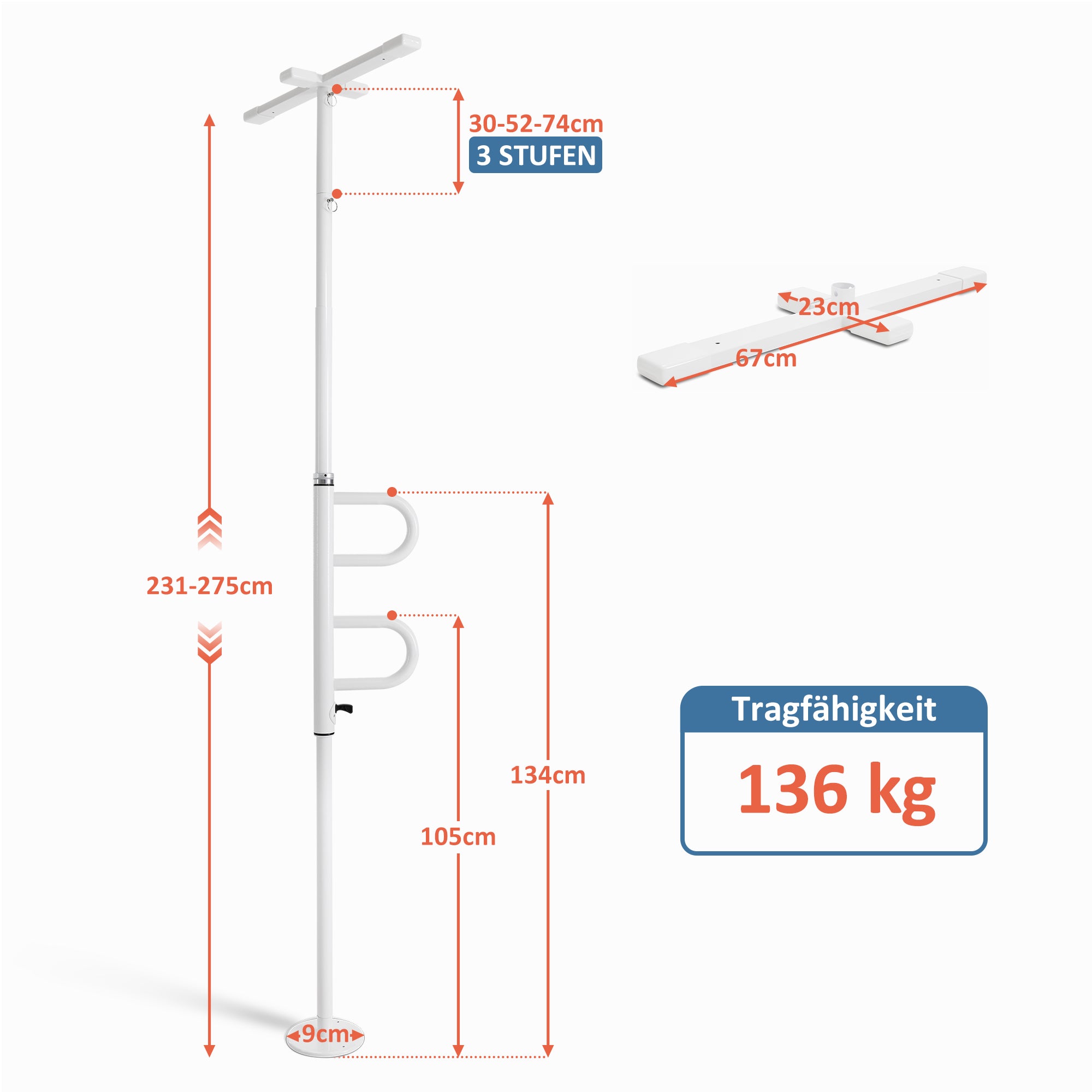 M MCombo Sicherheitsstange 3-fach Höhenverstellbar, mit 2 Haltegriffen Drehbar, Haltestange vom boden bis zur Decke 231-275CM Aufstehhilfe senioren & Toilette 136kg Tragbar TD01CW (Weiß）
